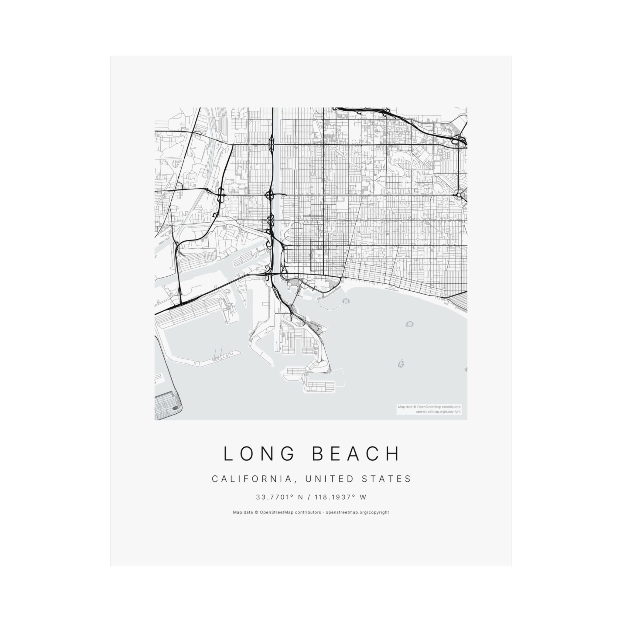 Long Beach, California City Map Print — Minimalist Street Map Wall Art