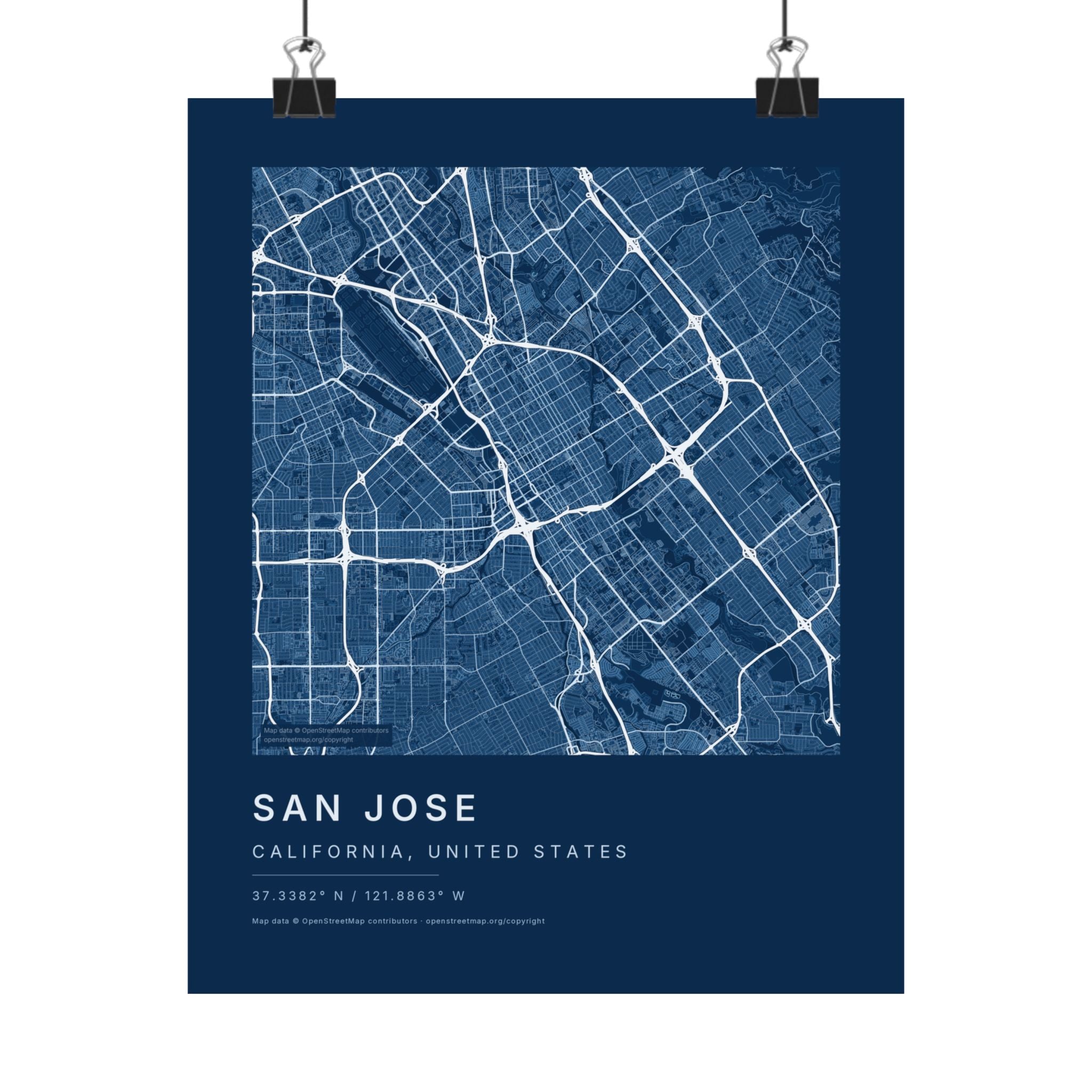 San Jose, California City Map Print — Blueprint Navy Street Map Wall Art