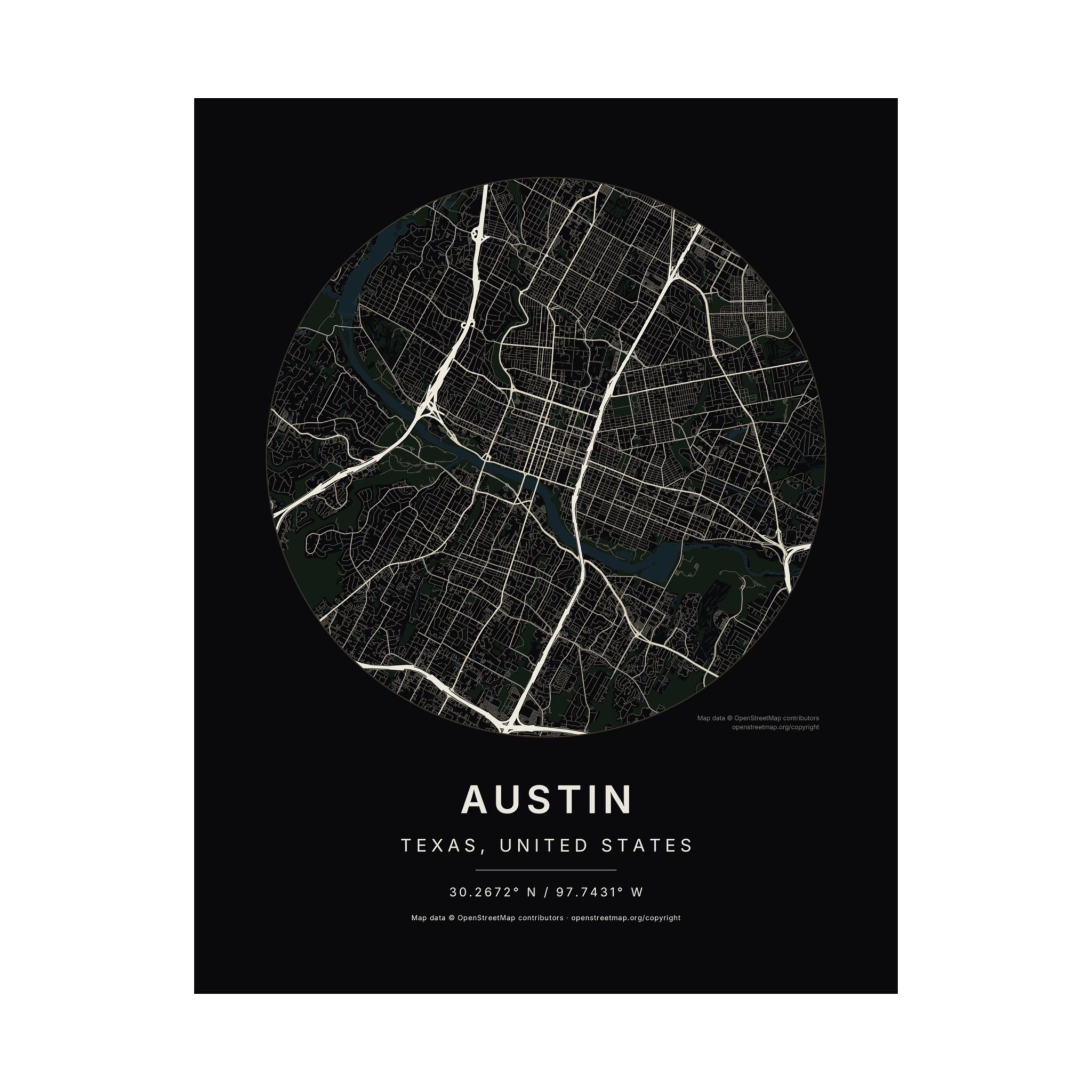 Austin, Texas City Map Print — Noir Black Street Map Wall Art