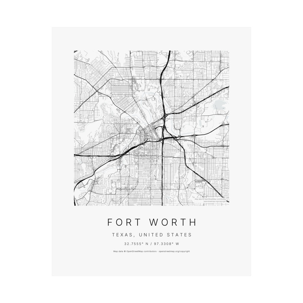 Fort Worth, Texas City Map Print — Minimalist Street Map Wall Art