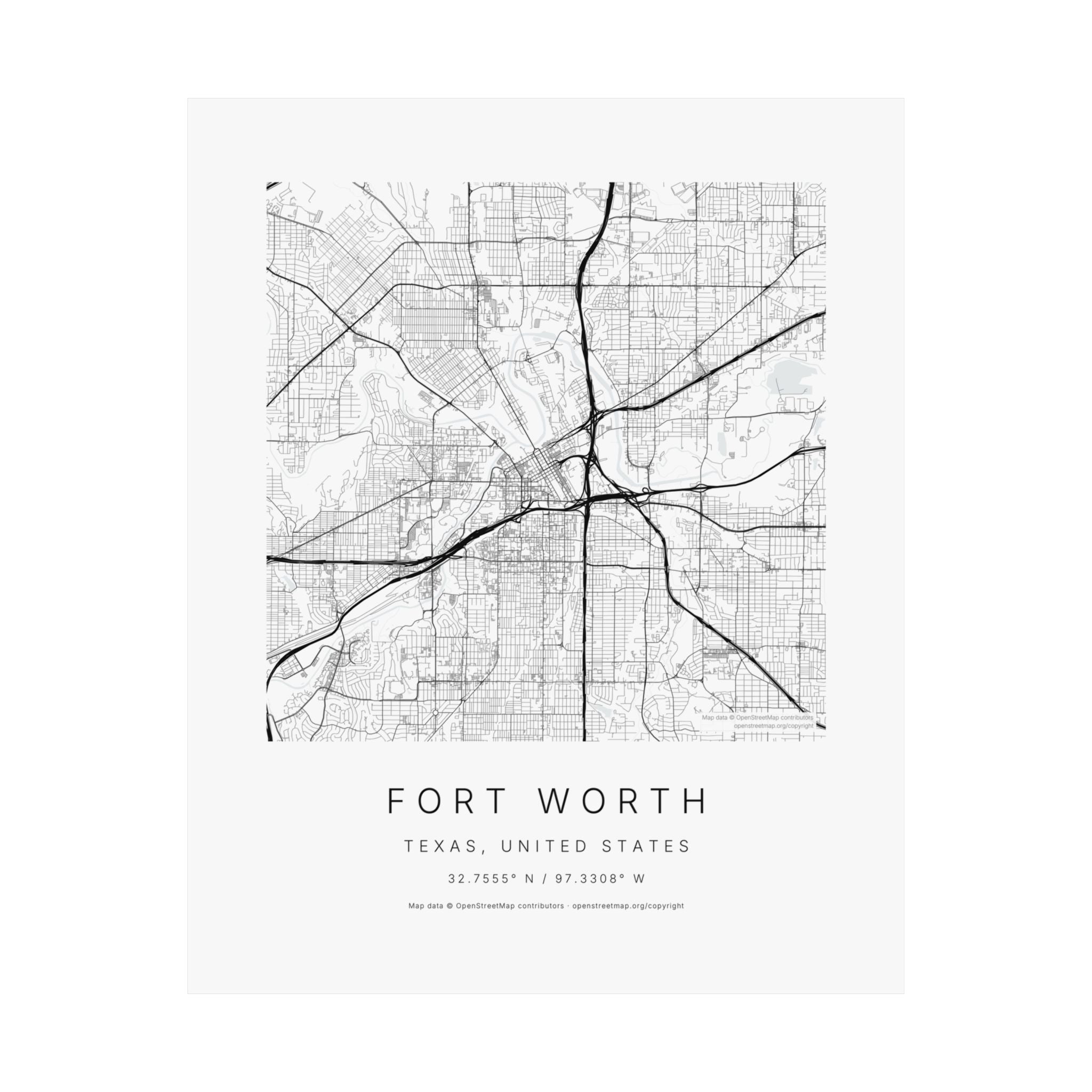 Fort Worth, Texas City Map Print — Minimalist Street Map Wall Art