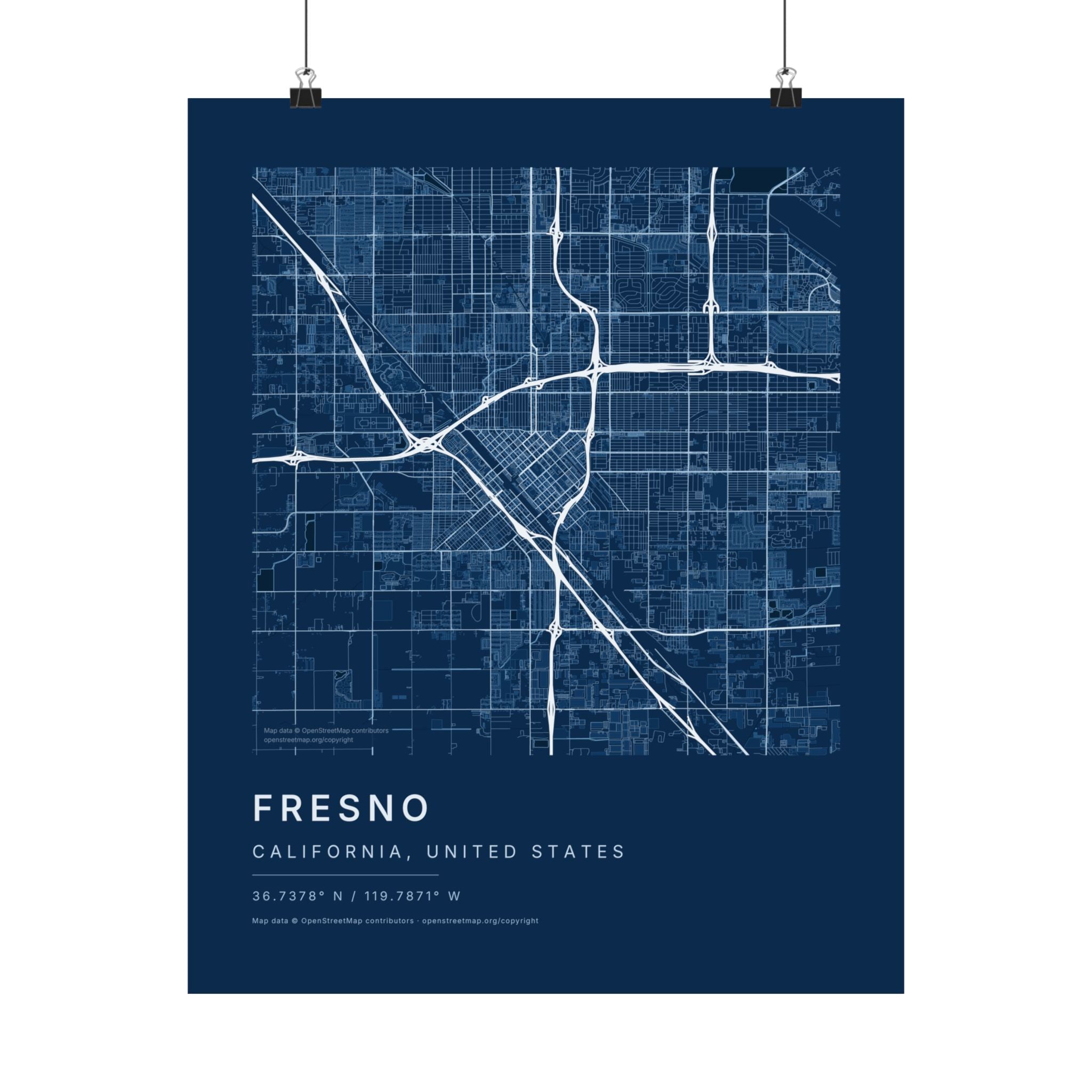 Fresno, California City Map Print — Blueprint Navy Street Map Wall Art