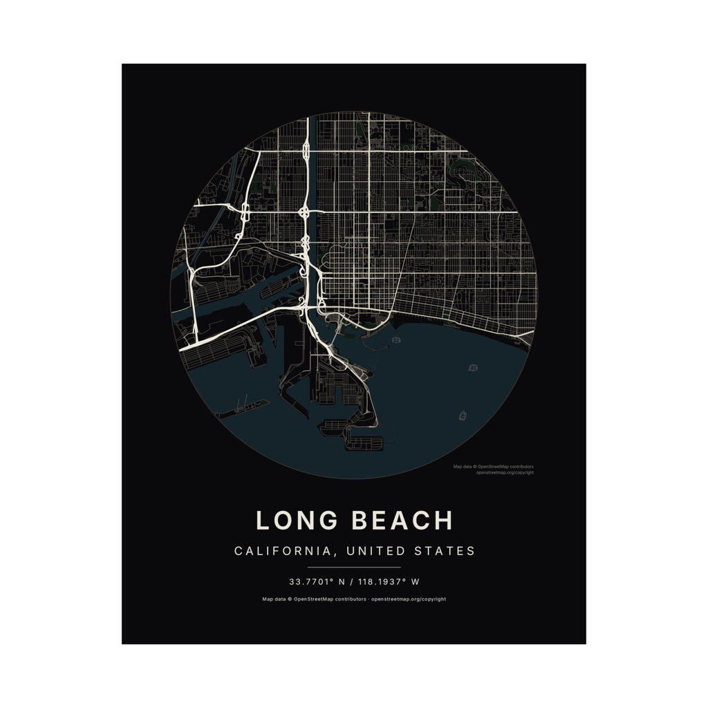 Long Beach, California City Map Print — Noir Black Street Map Wall Art