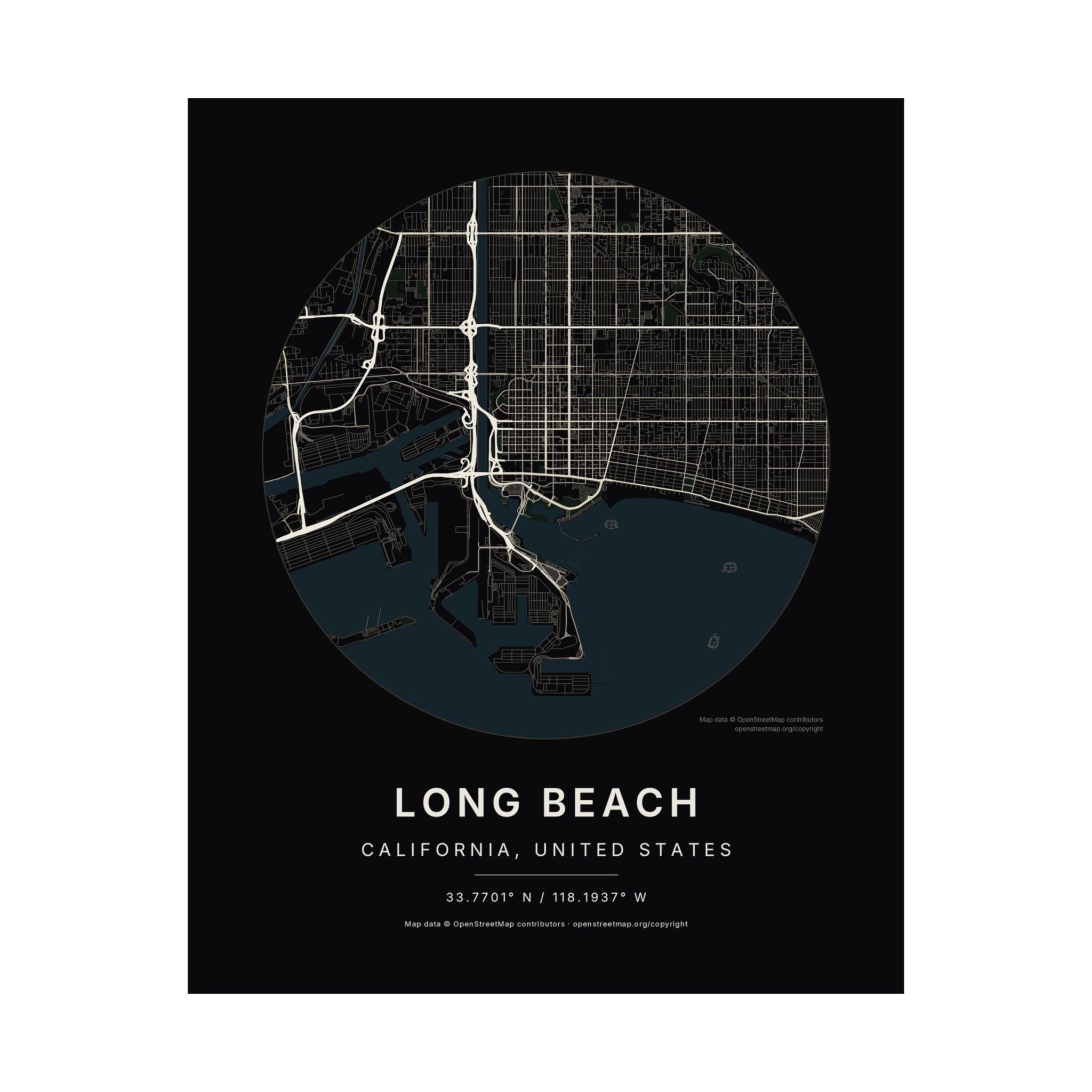 Long Beach, California City Map Print — Noir Black Street Map Wall Art