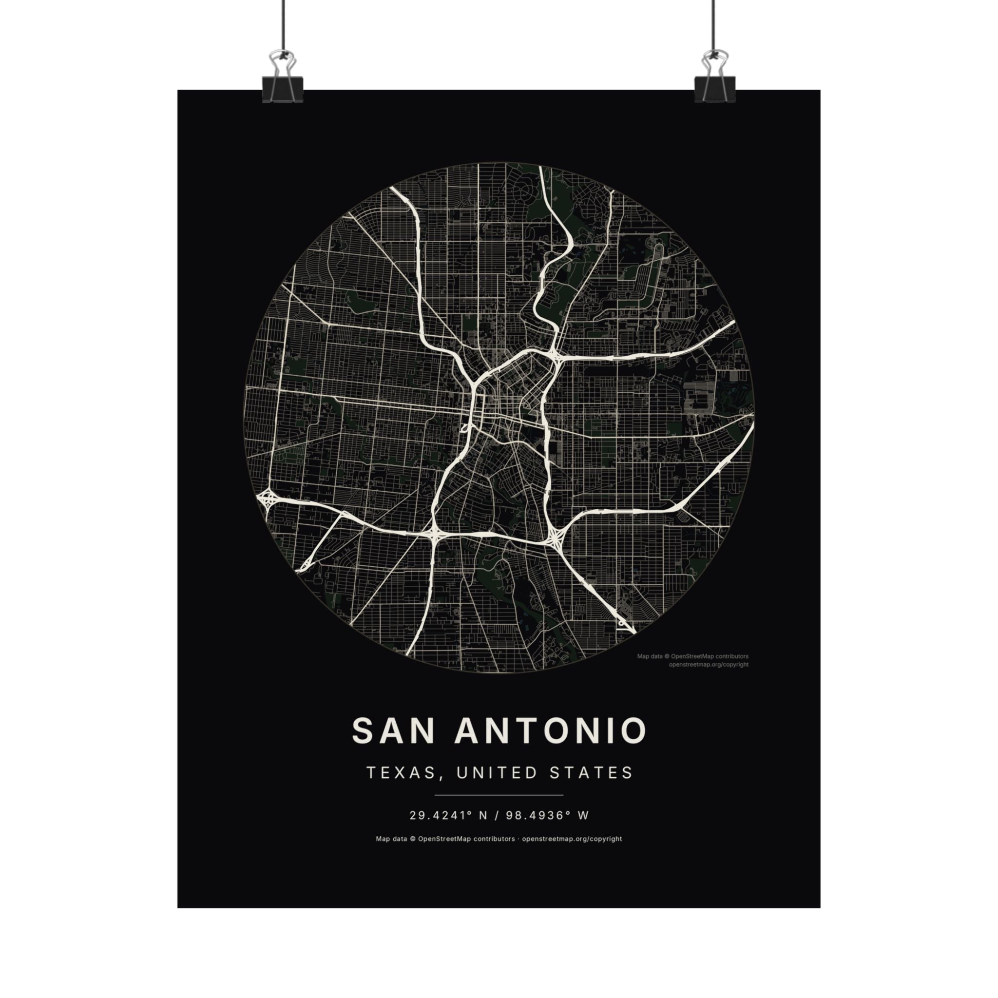 San Antonio, Texas City Map Print — Noir Black Street Map Wall Art