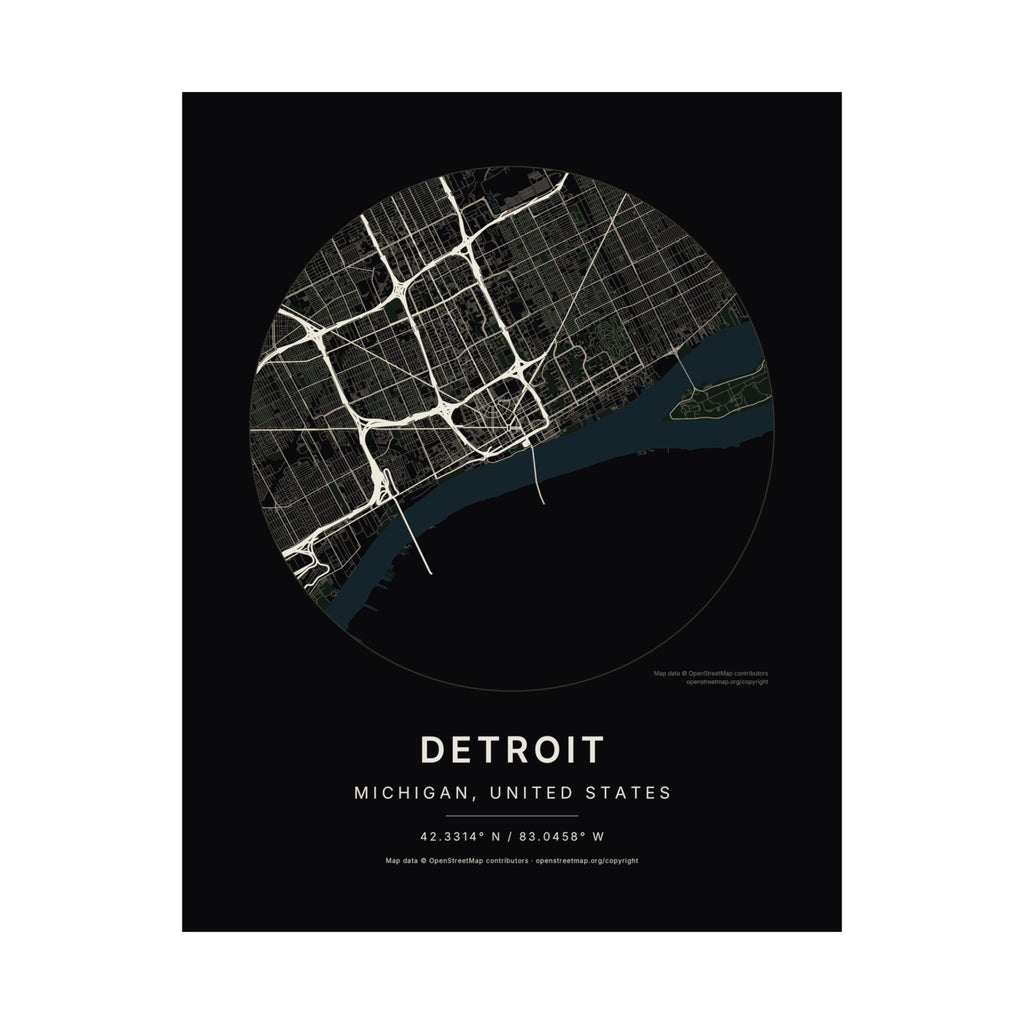 Detroit, Michigan City Map Print — Noir Black Street Map Wall Art