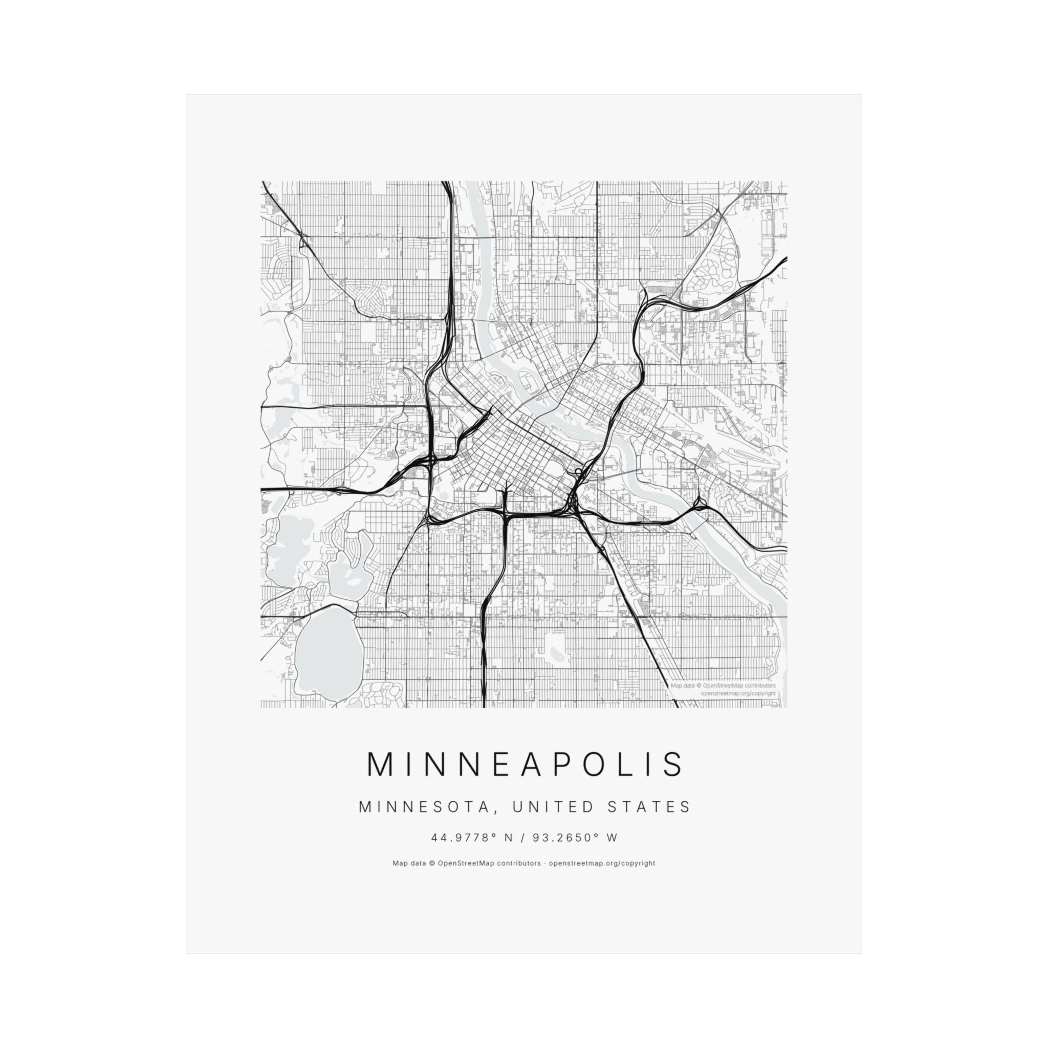 Minneapolis, Minnesota City Map Print — Minimalist Street Map Wall Art
