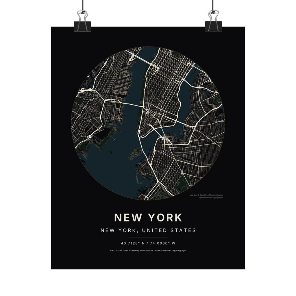 New York, New York City Map Print — Noir Black Street Map Wall Art