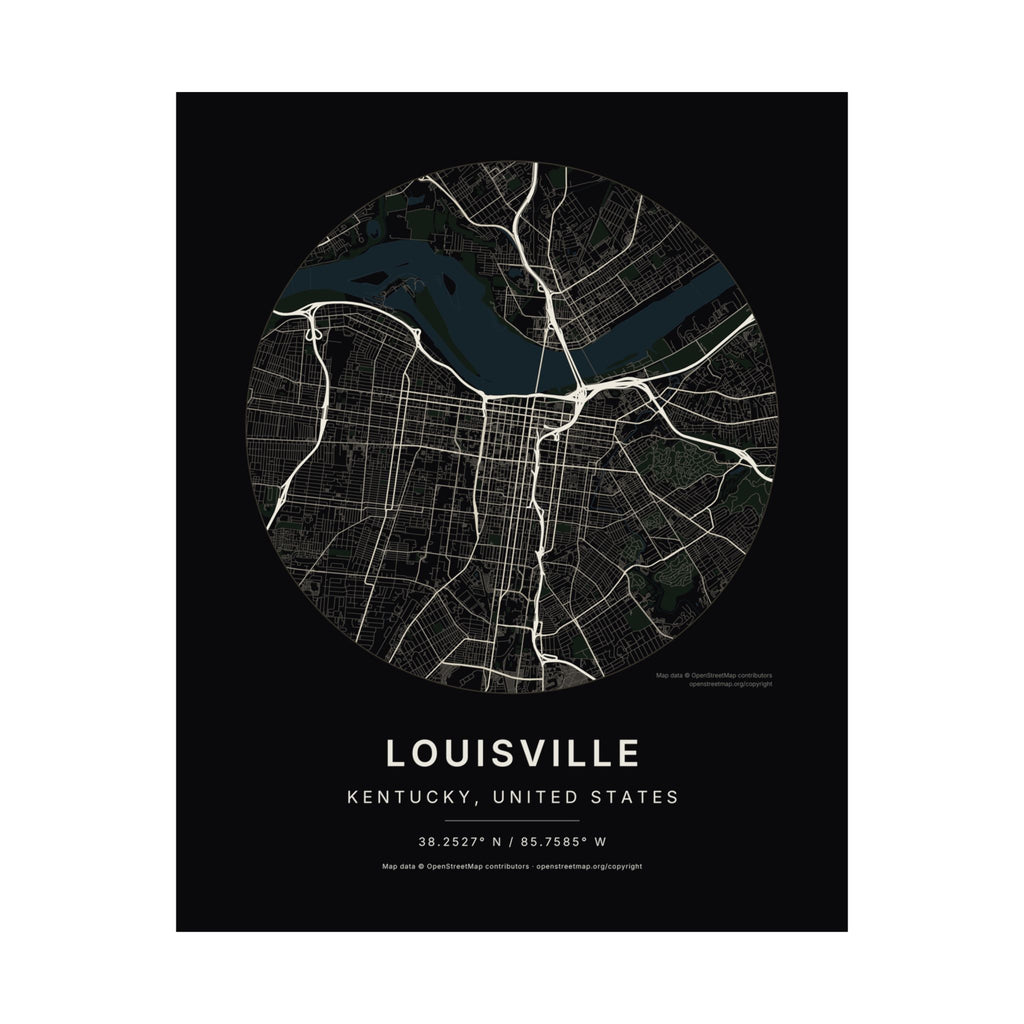 Louisville, Kentucky City Map Print — Noir Black Street Map Wall Art