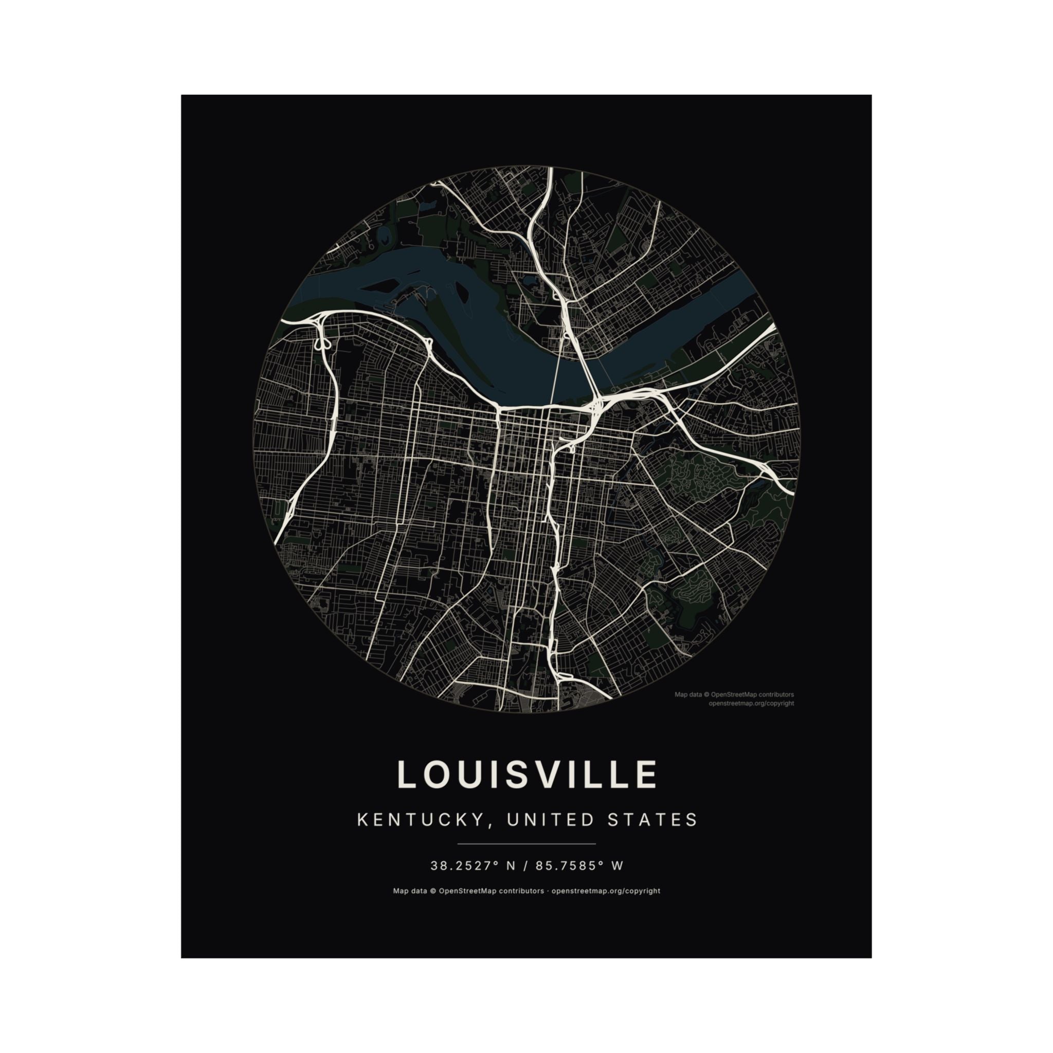 Louisville, Kentucky City Map Print — Noir Black Street Map Wall Art
