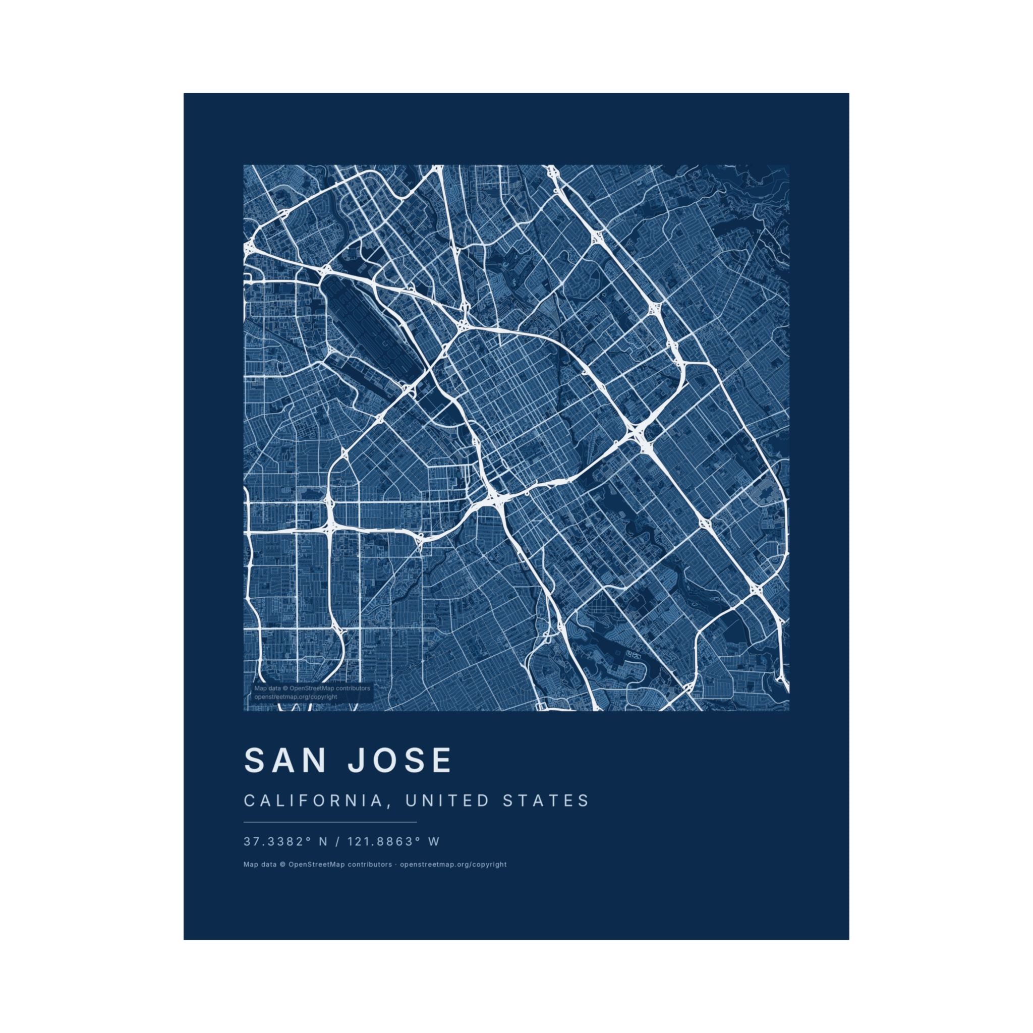 San Jose, California City Map Print — Blueprint Navy Street Map Wall Art