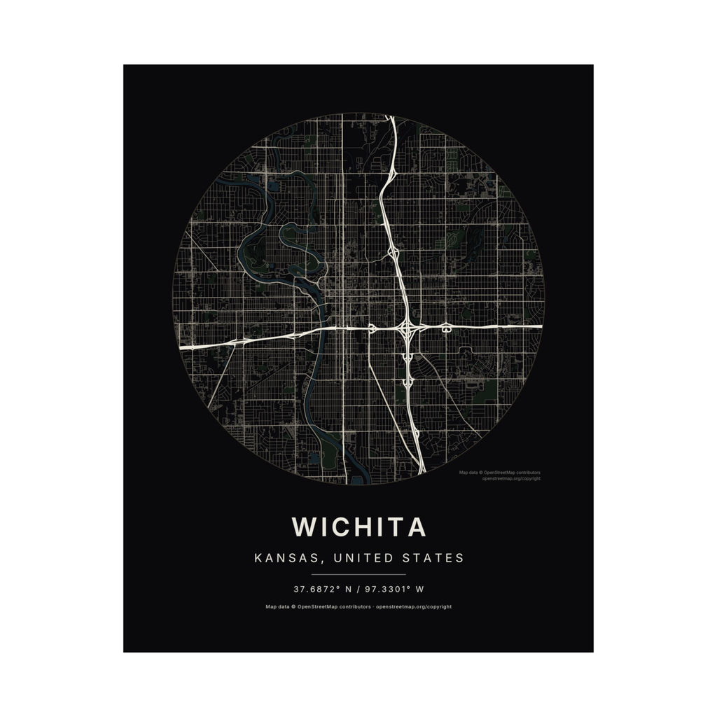 Wichita, Kansas City Map Print — Noir Black Street Map Wall Art