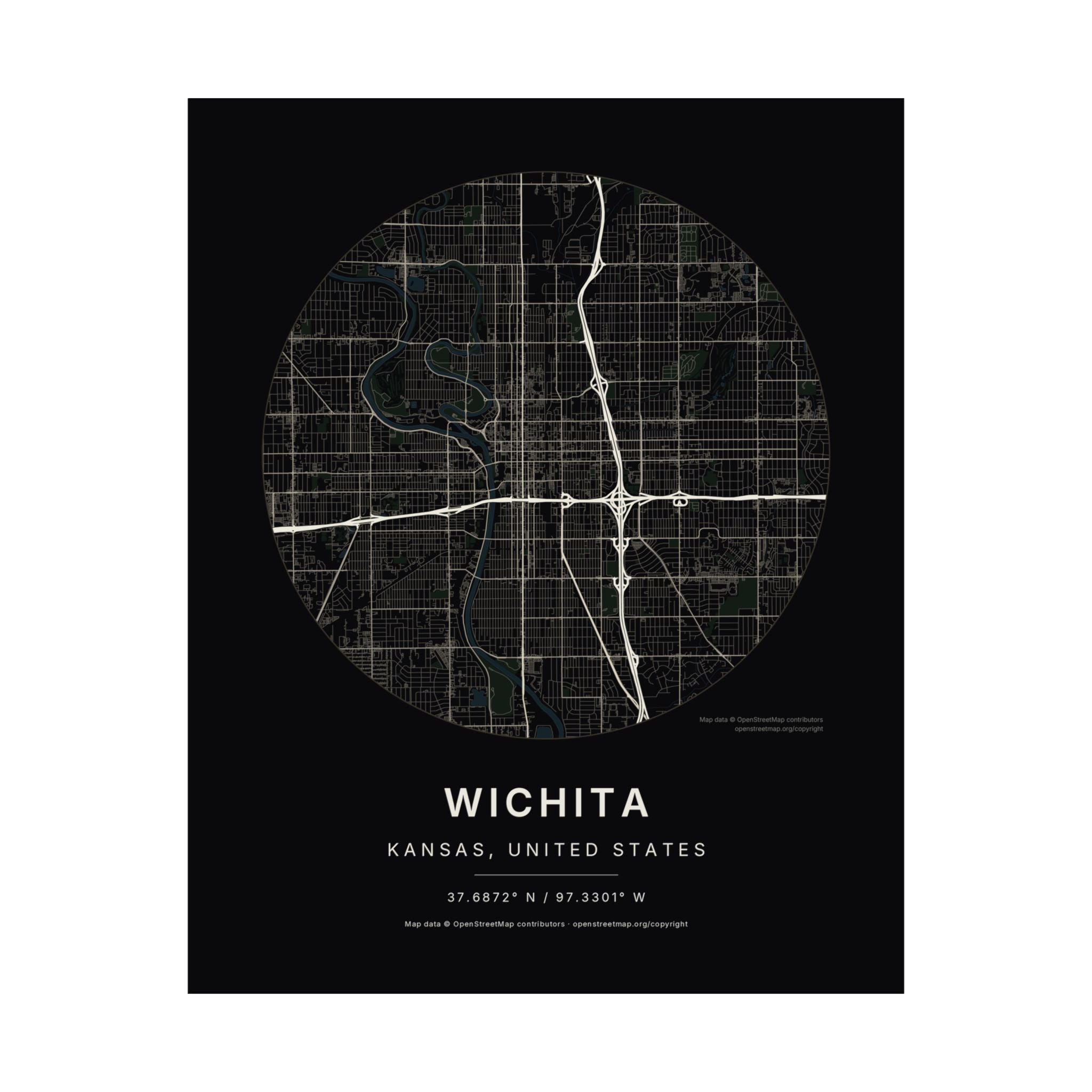 Wichita, Kansas City Map Print — Noir Black Street Map Wall Art