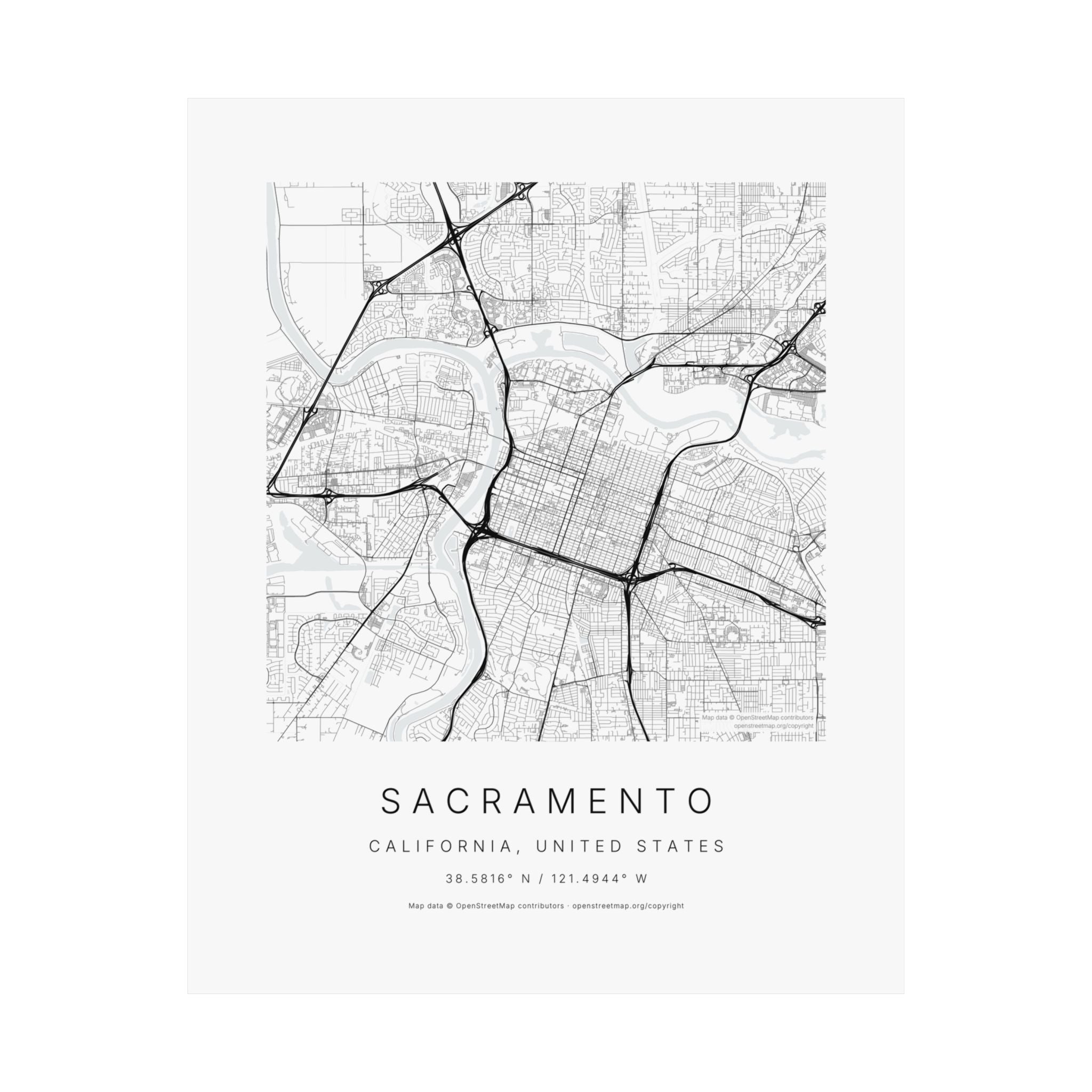 Sacramento, California City Map Print — Minimalist Street Map Wall Art
