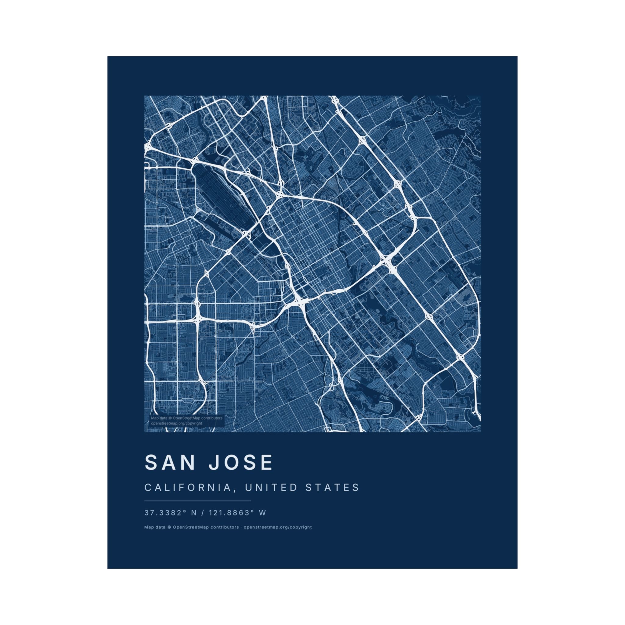 San Jose, California City Map Print — Blueprint Navy Street Map Wall Art