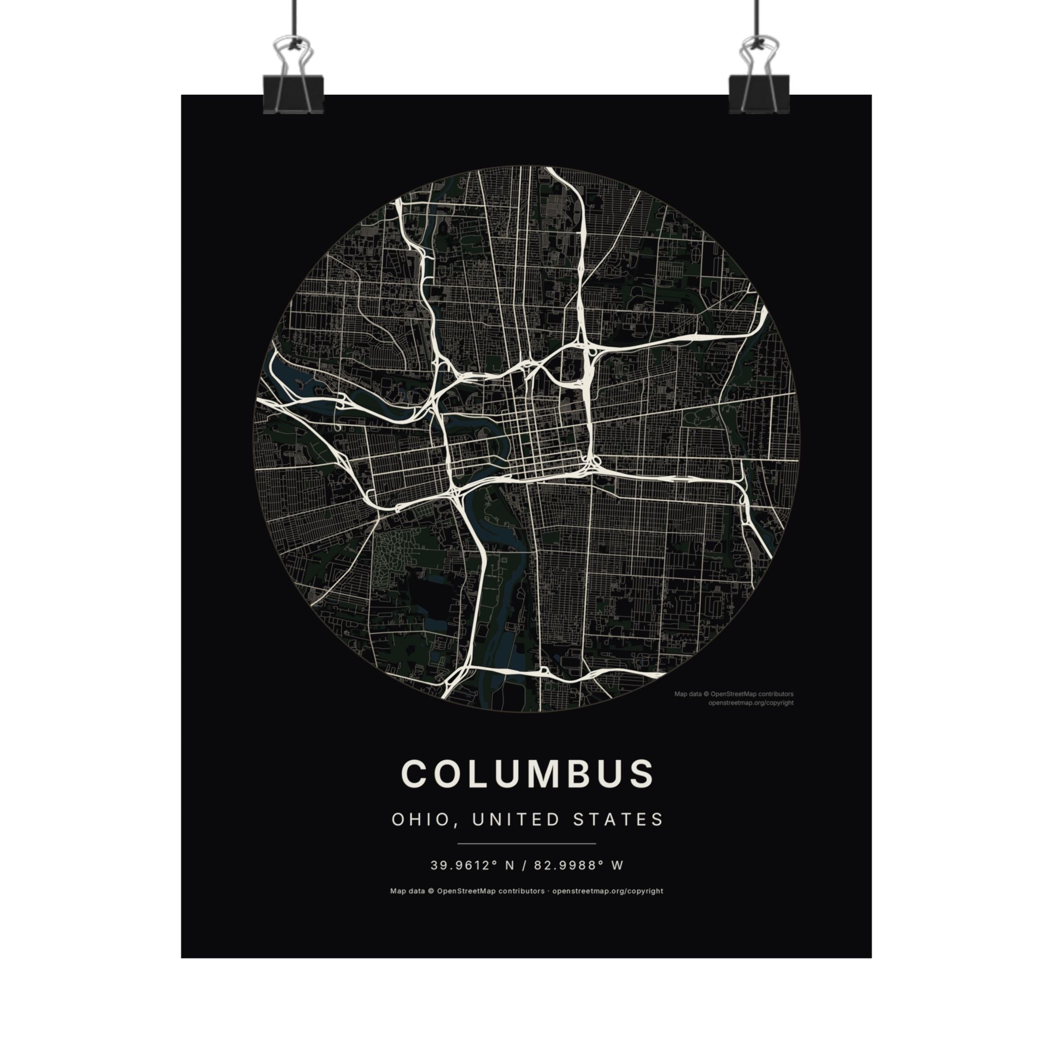 Columbus, Ohio City Map Print — Noir Black Street Map Wall Art