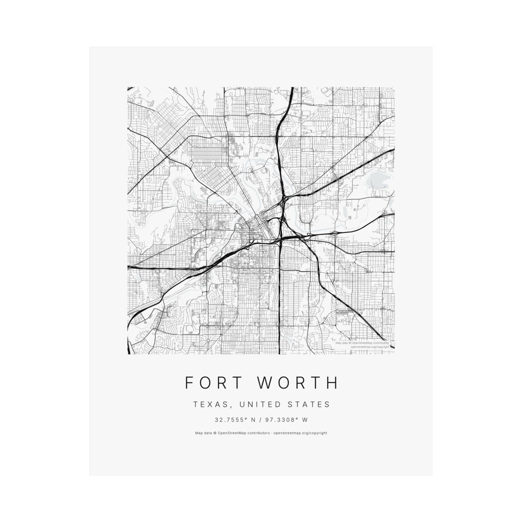 Fort Worth, Texas City Map Print — Minimalist Street Map Wall Art