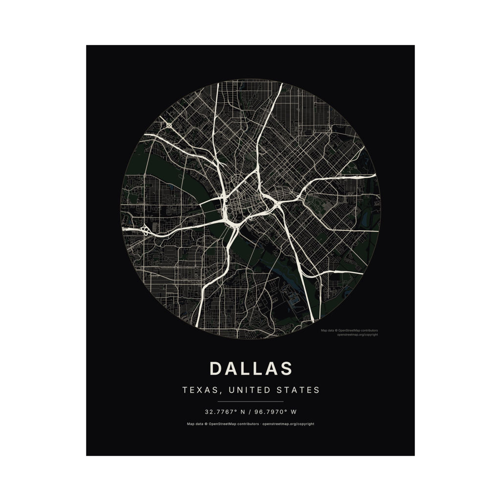 Dallas, Texas City Map Print — Noir Black Street Map Wall Art