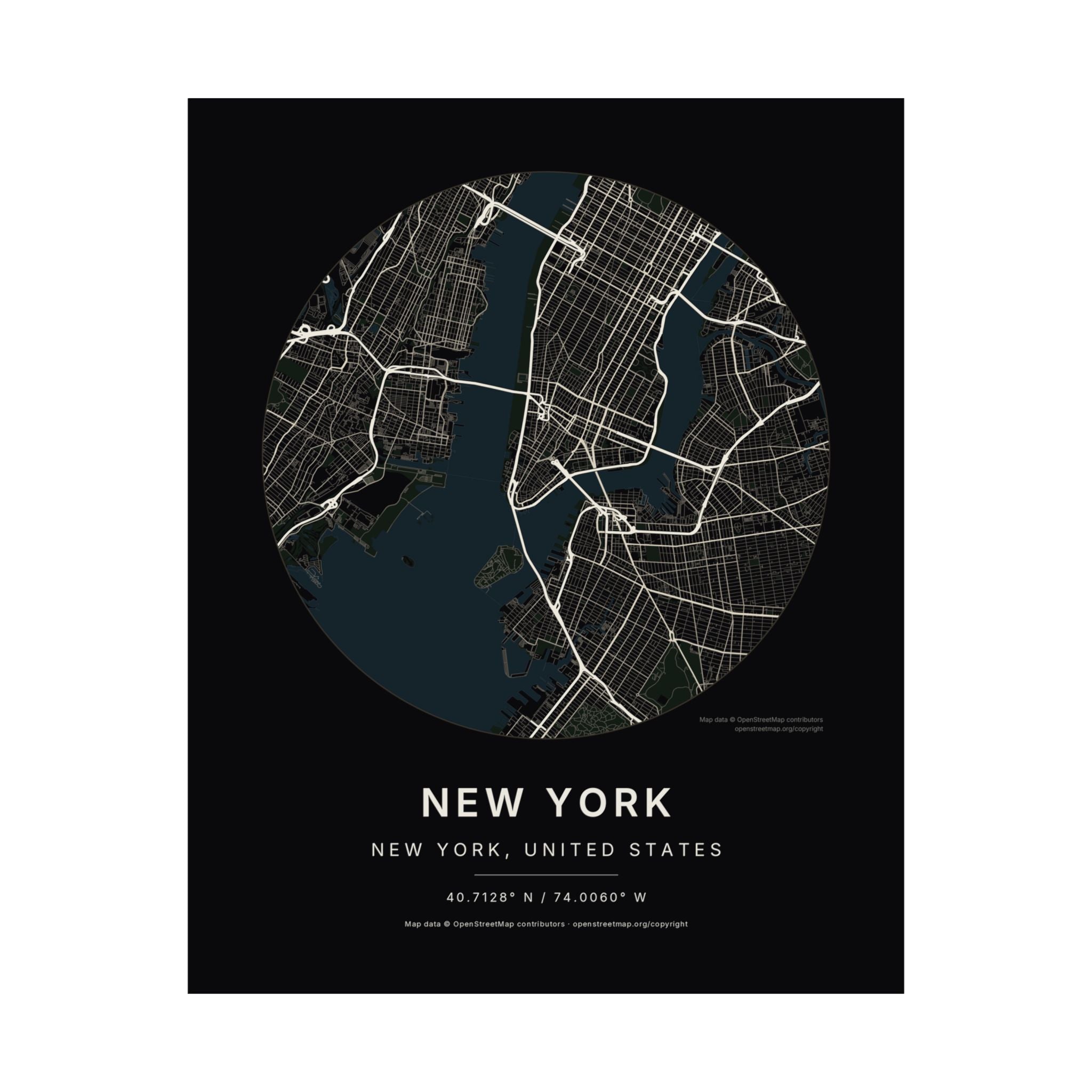 New York, New York City Map Print — Noir Black Street Map Wall Art