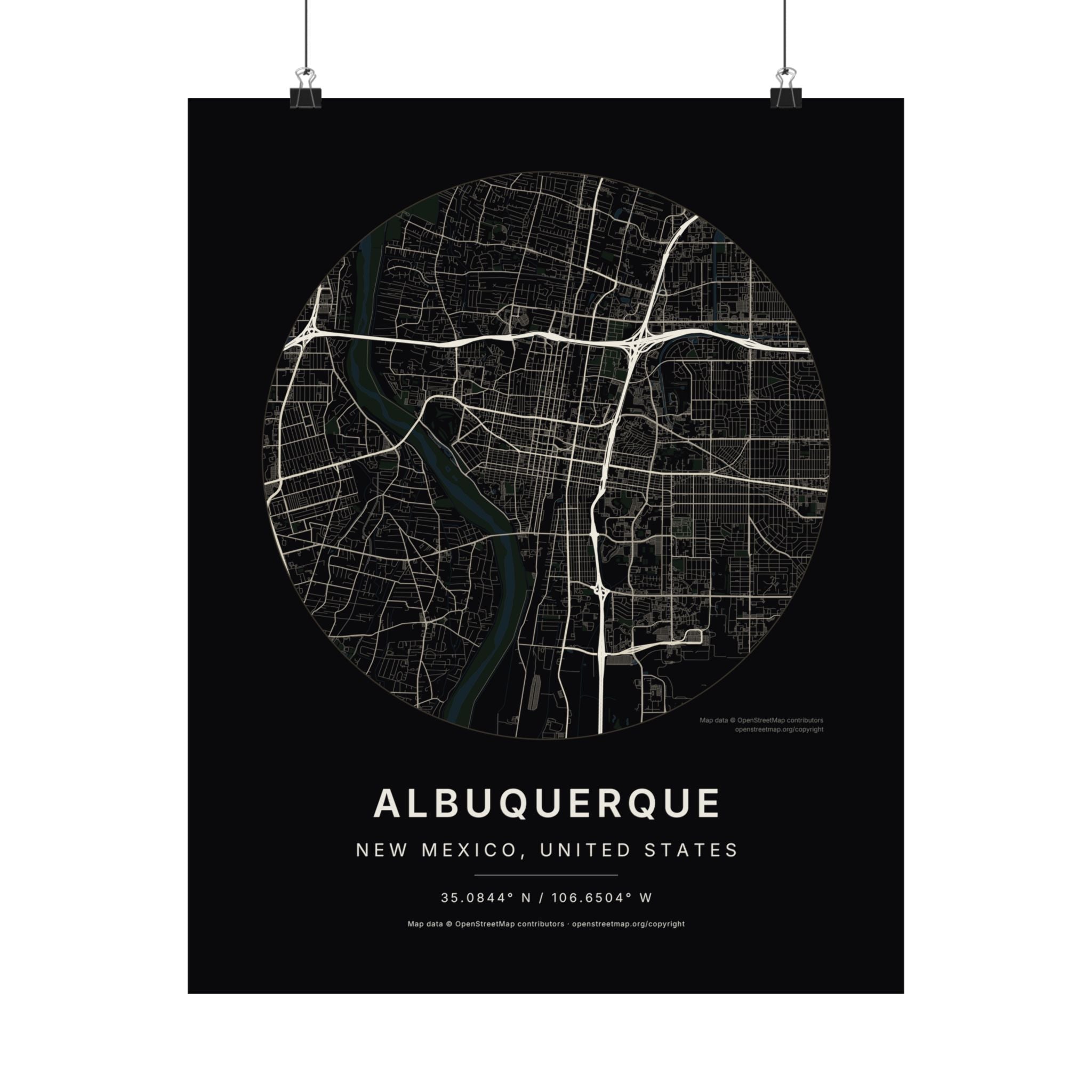 Albuquerque, New Mexico City Map Print — Noir Black Street Map Wall Art