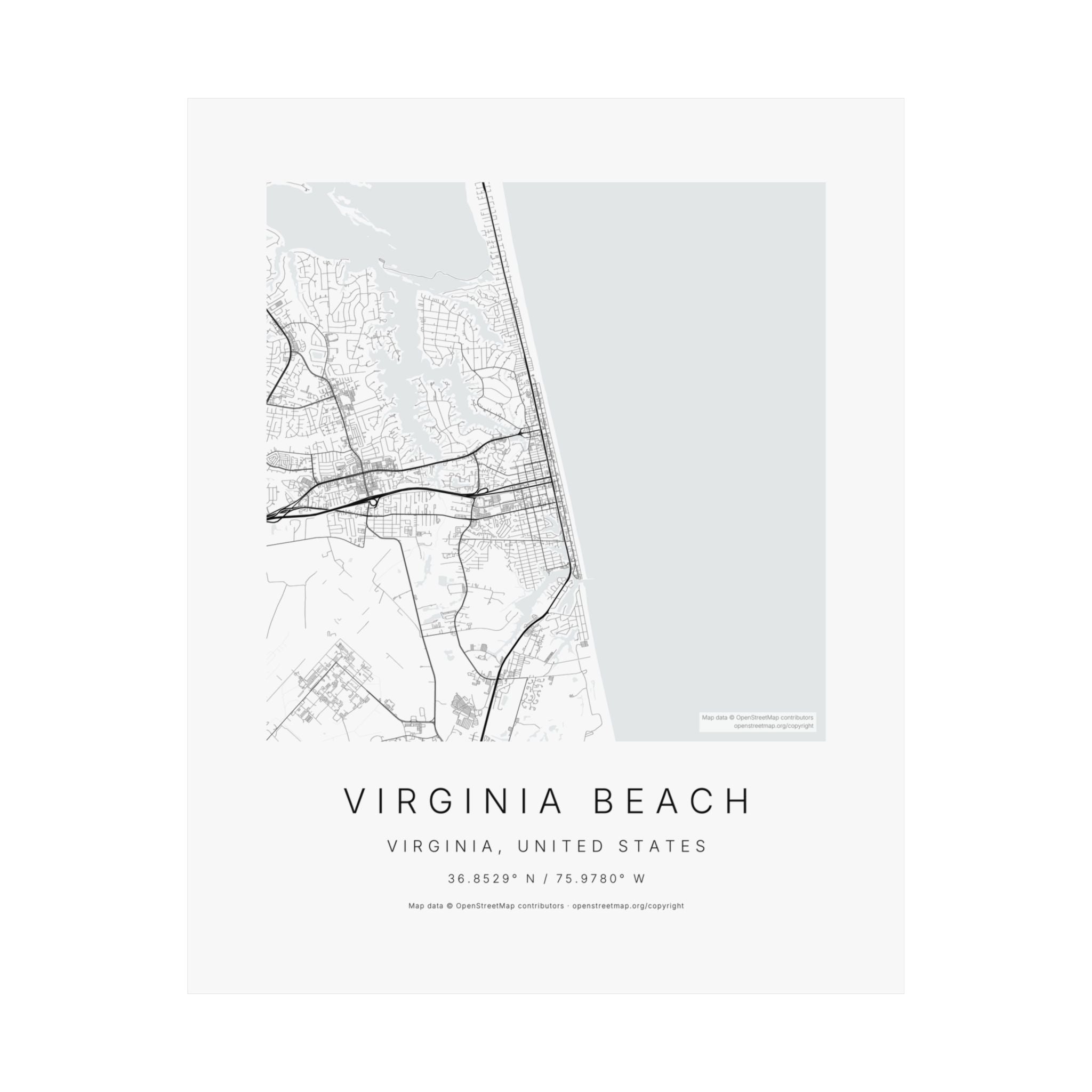 Virginia Beach, Virginia City Map Print — Minimalist Street Map Wall Art