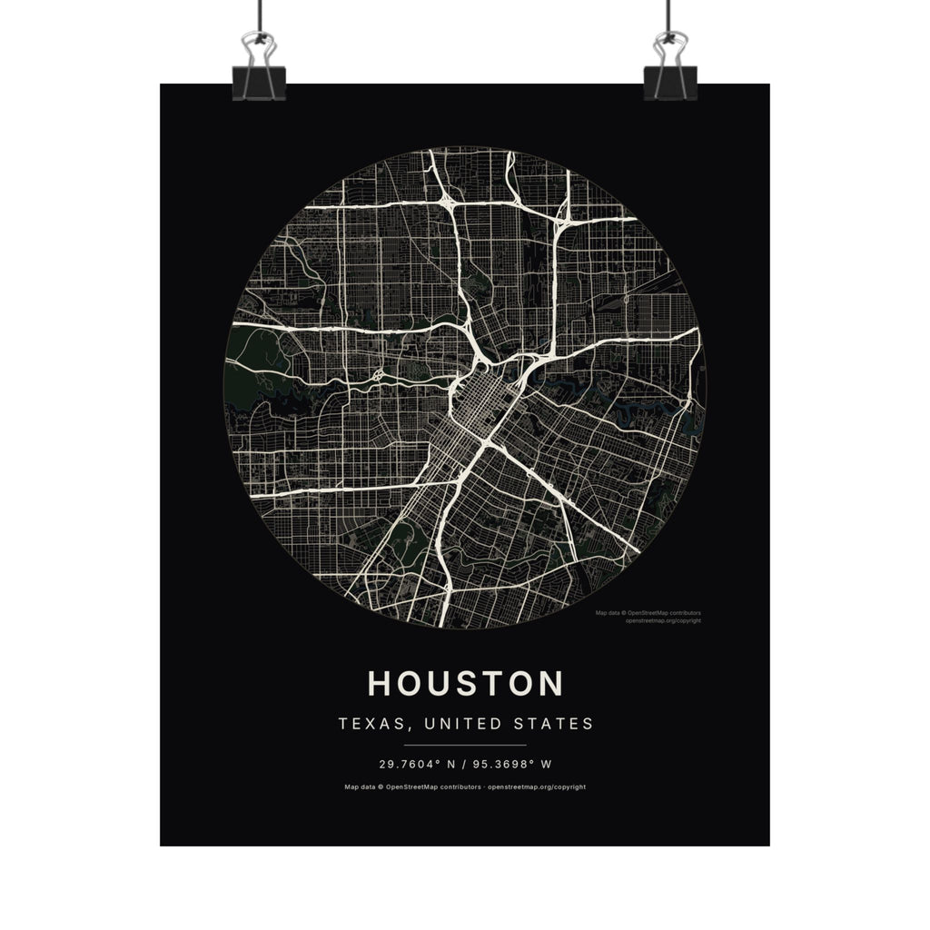 Houston, Texas City Map Print — Noir Black Street Map Wall Art