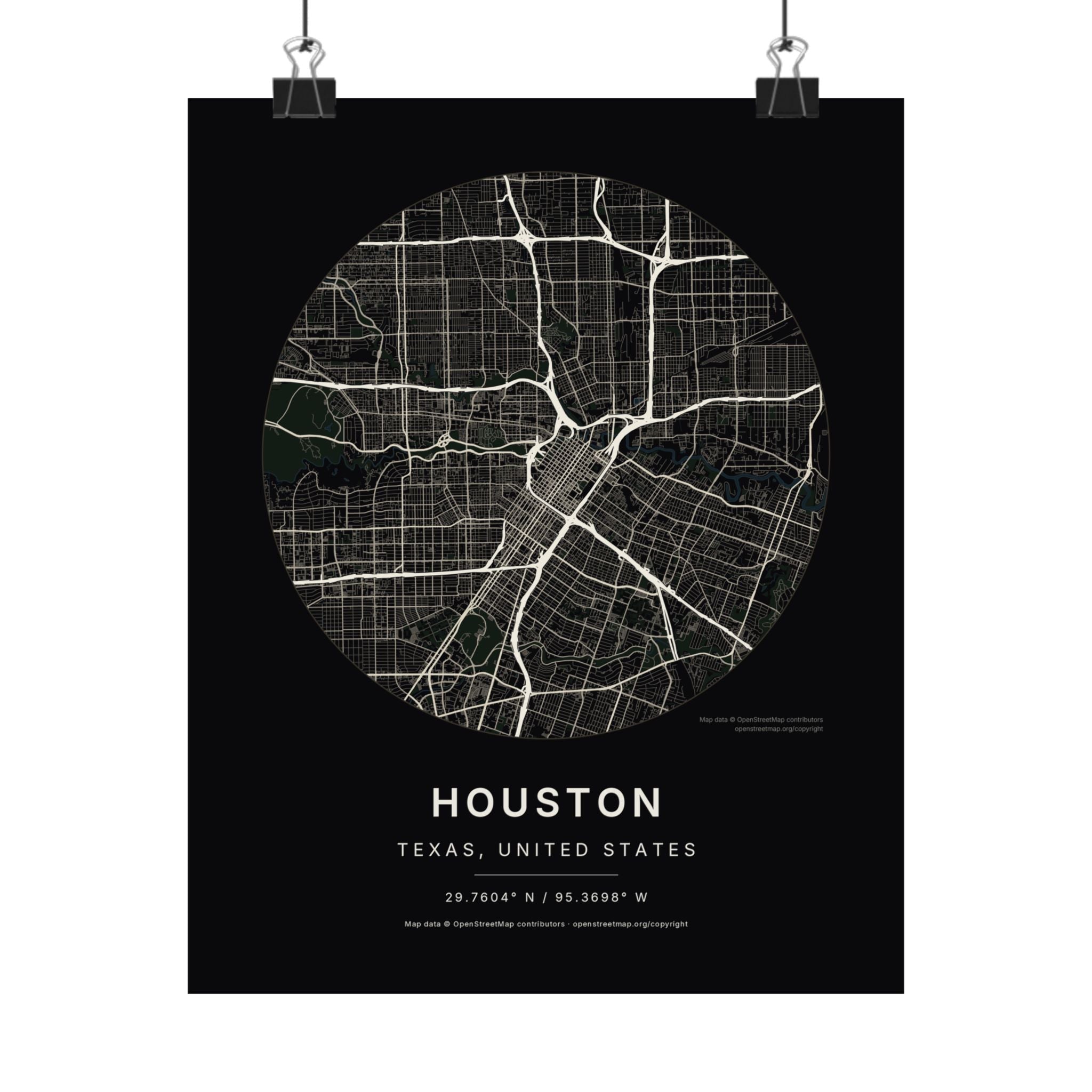 Houston, Texas City Map Print — Noir Black Street Map Wall Art