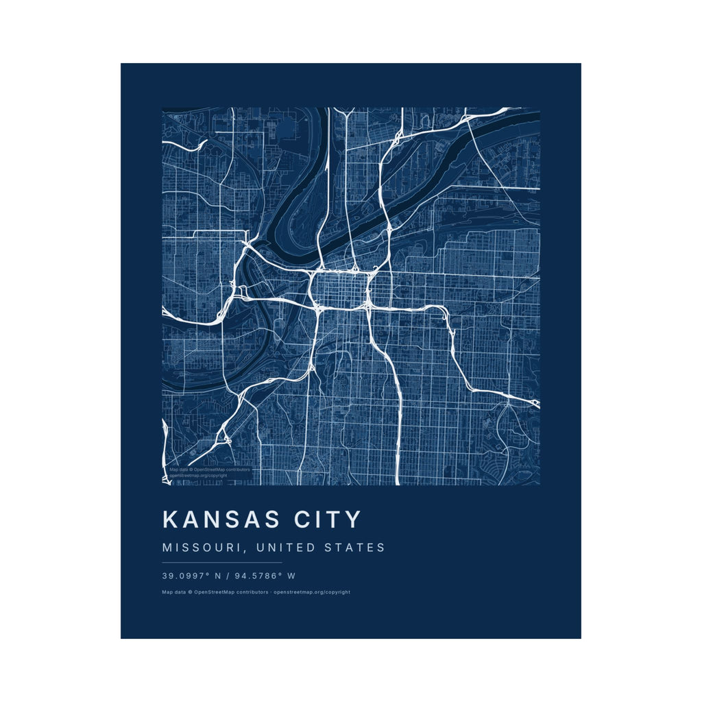 Kansas City, Missouri City Map Print — Blueprint Navy Street Map Wall Art