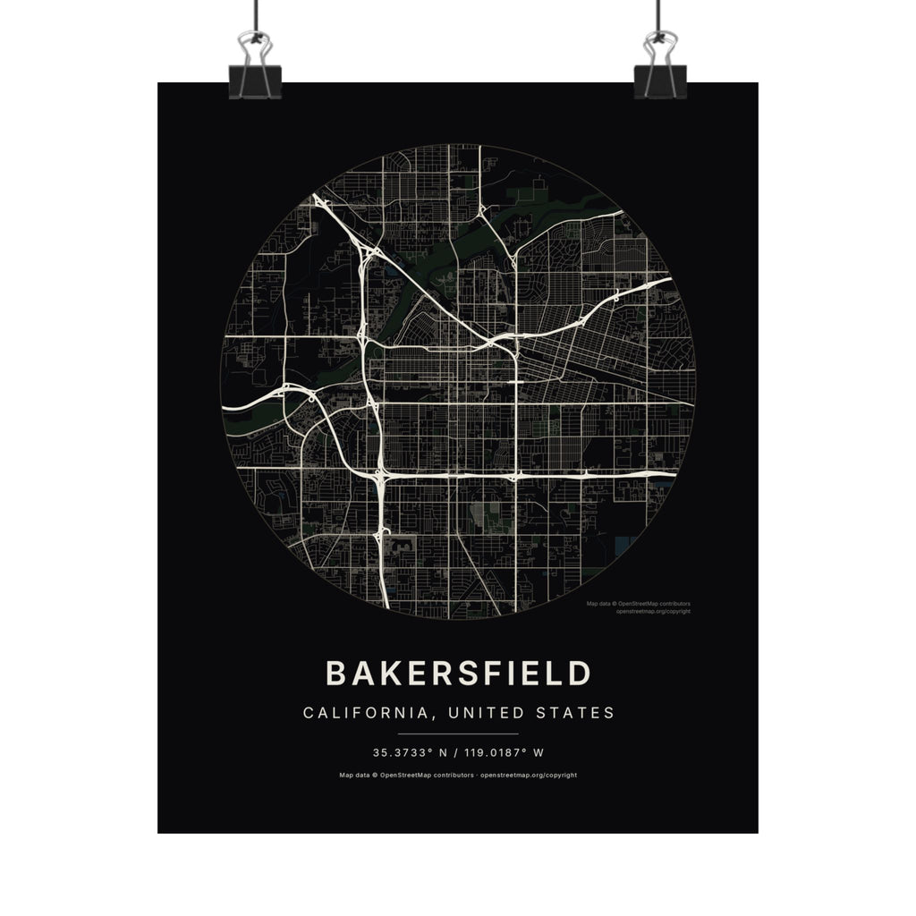 Bakersfield, California City Map Print — Noir Black Street Map Wall Art