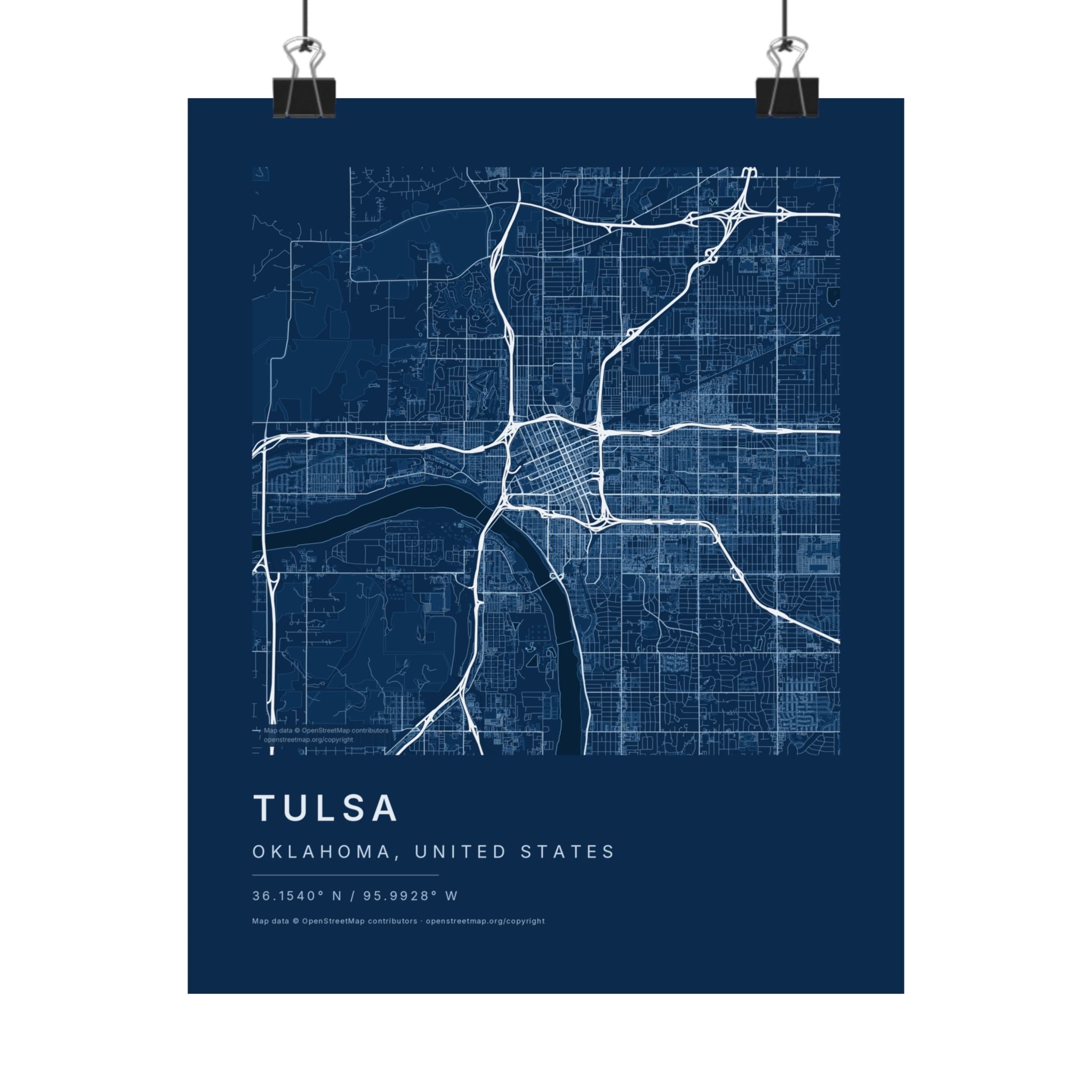 Tulsa, Oklahoma City Map Print — Blueprint Navy Street Map Wall Art