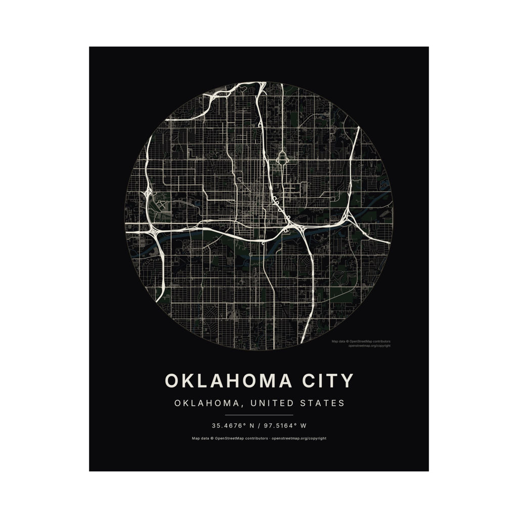 Oklahoma City, Oklahoma City Map Print — Noir Black Street Map Wall Art