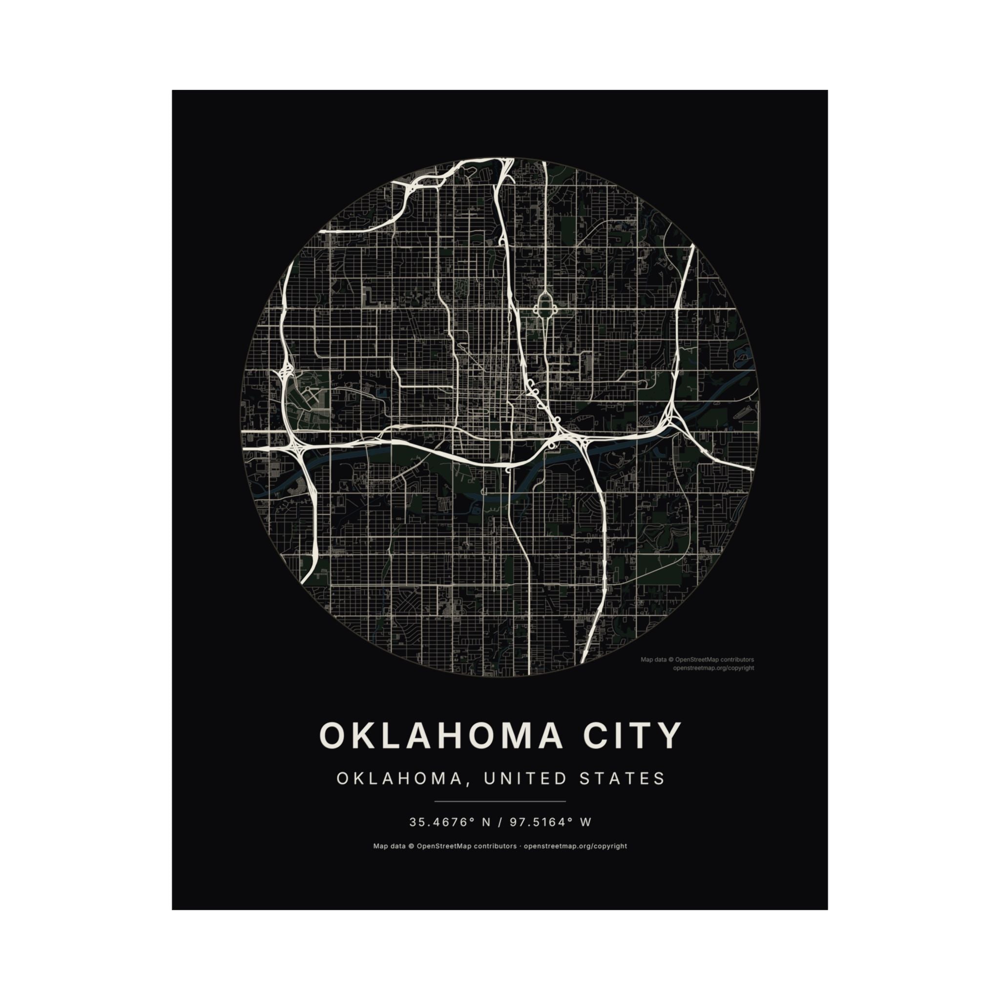 Oklahoma City, Oklahoma City Map Print — Noir Black Street Map Wall Art
