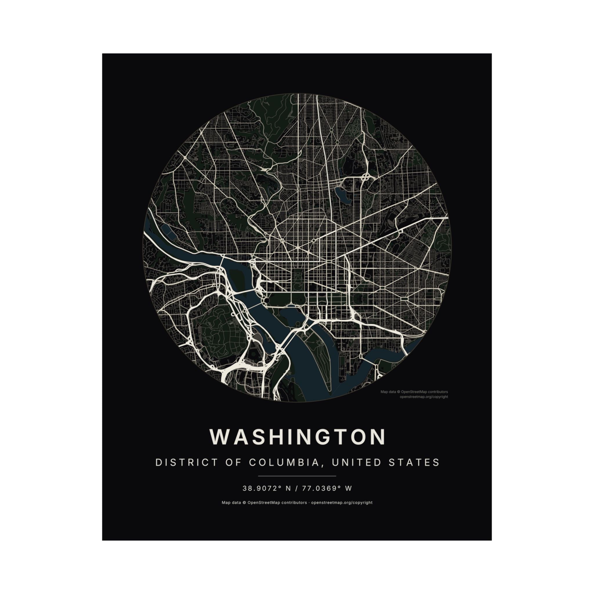 Washington, District of Columbia City Map Print — Noir Black Street Map Wall Art