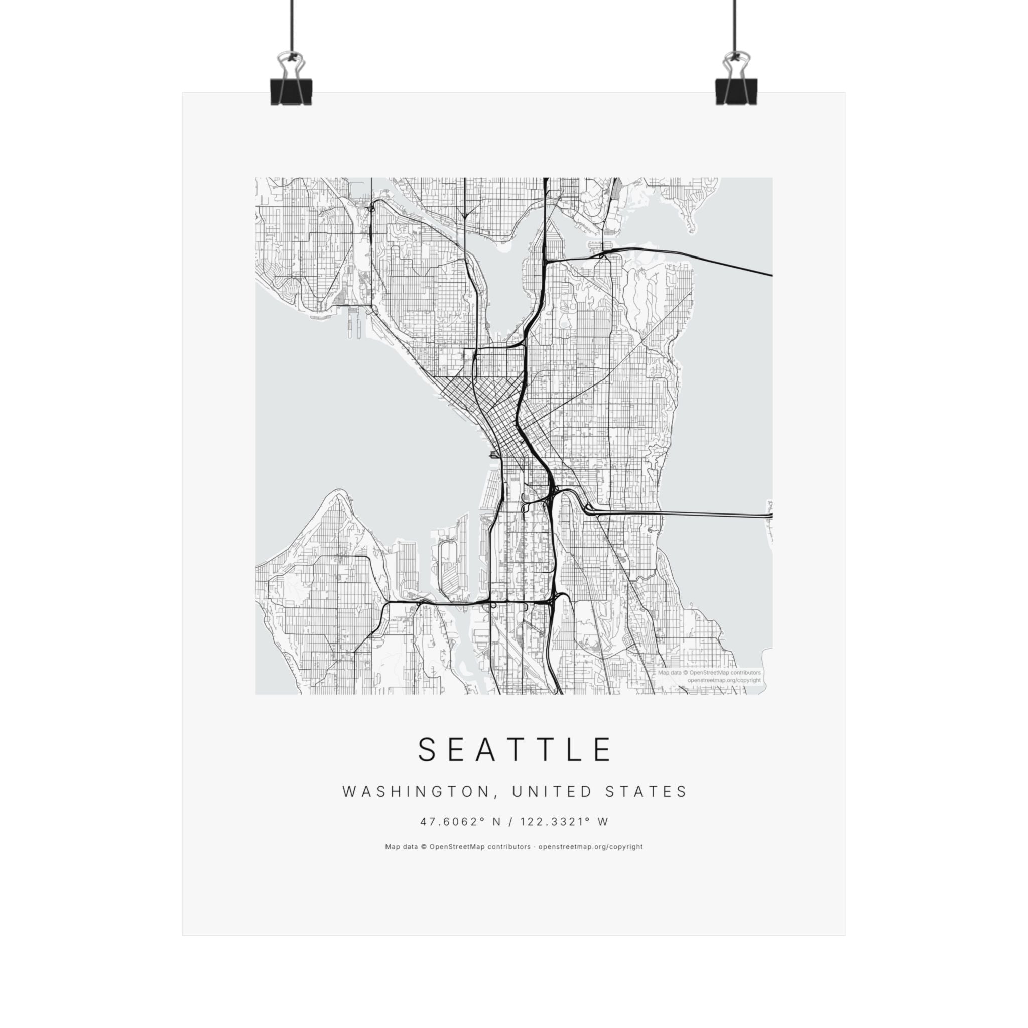 Seattle, Washington City Map Print — Minimalist Street Map Wall Art