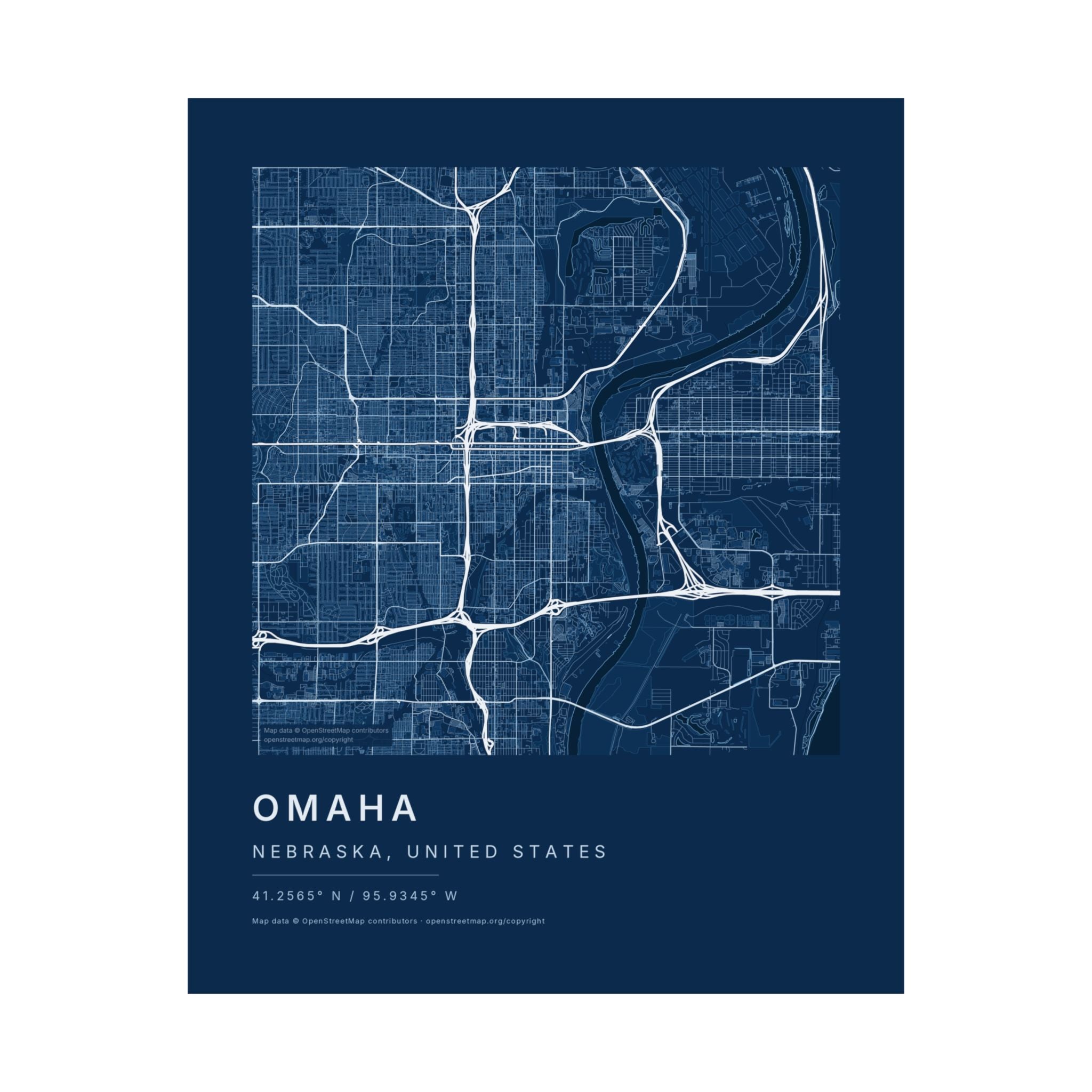 Omaha, Nebraska City Map Print — Blueprint Navy Street Map Wall Art