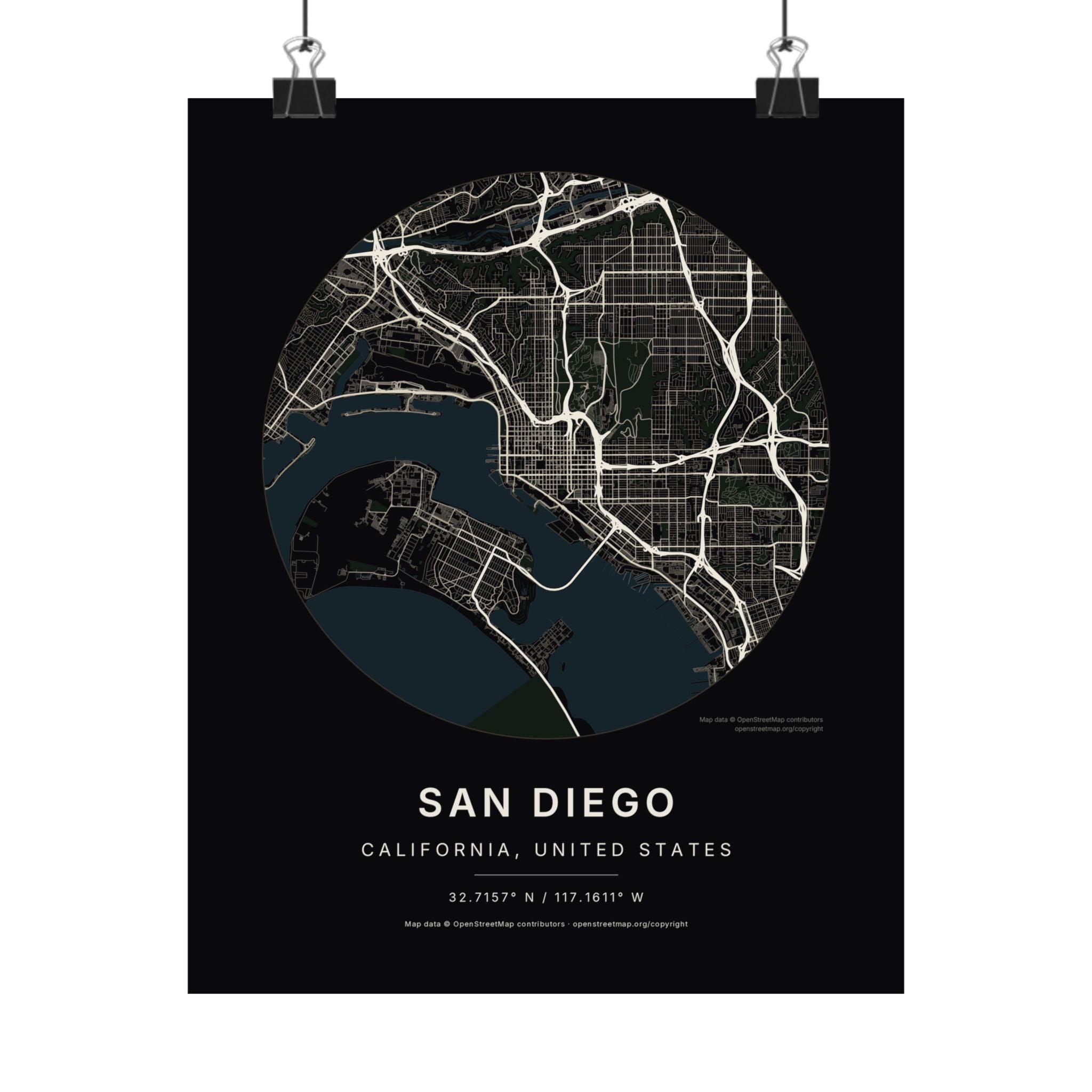 San Diego, California City Map Print — Noir Black Street Map Wall Art