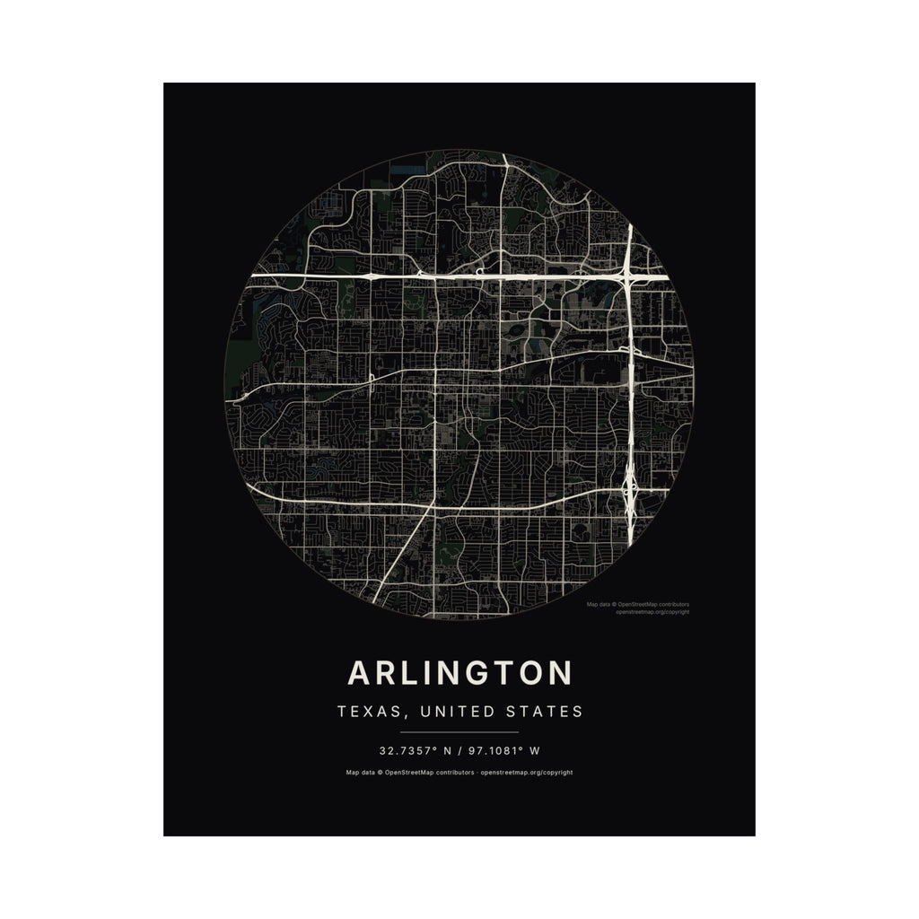 Arlington, Texas City Map Print — Noir Black Street Map Wall Art