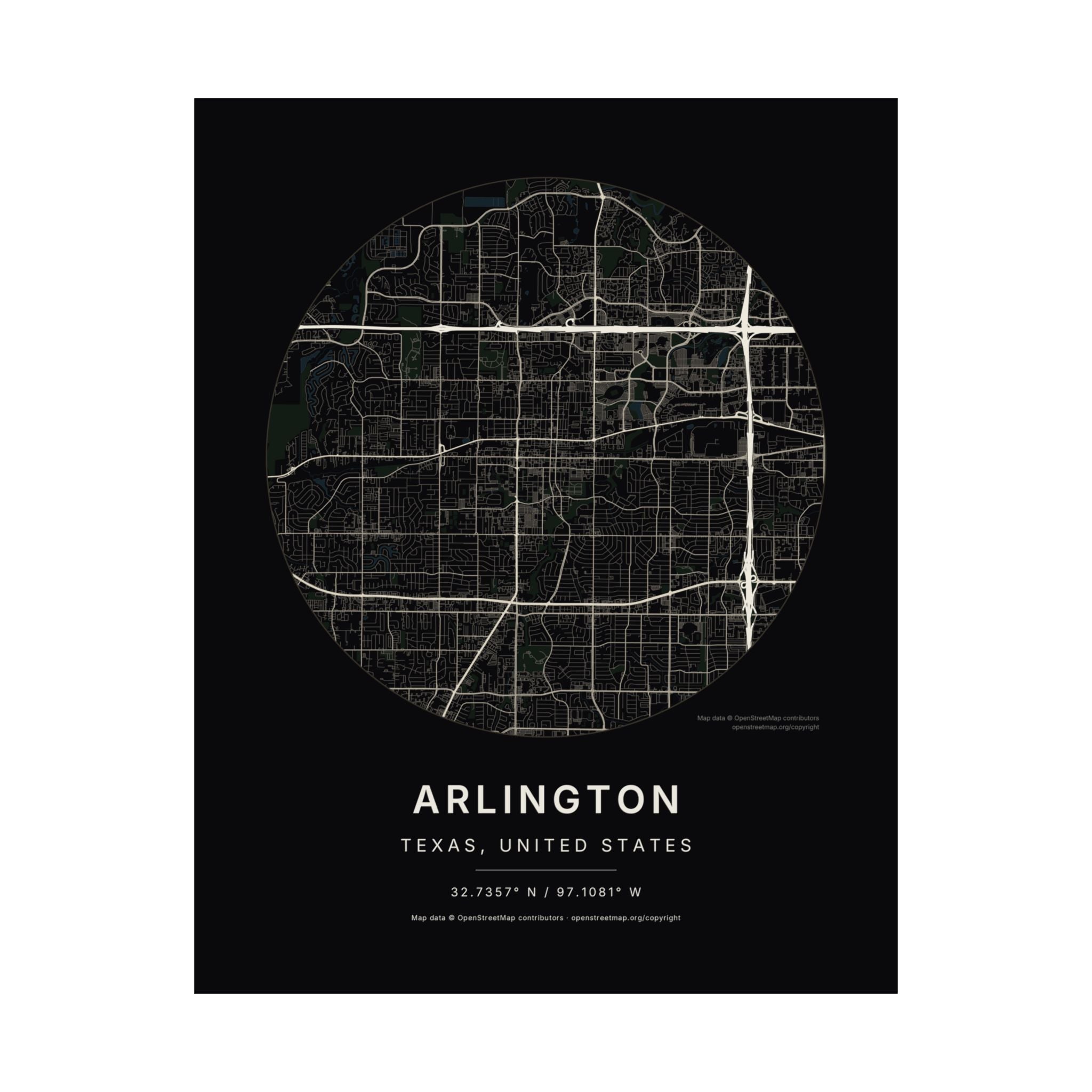 Arlington, Texas City Map Print — Noir Black Street Map Wall Art