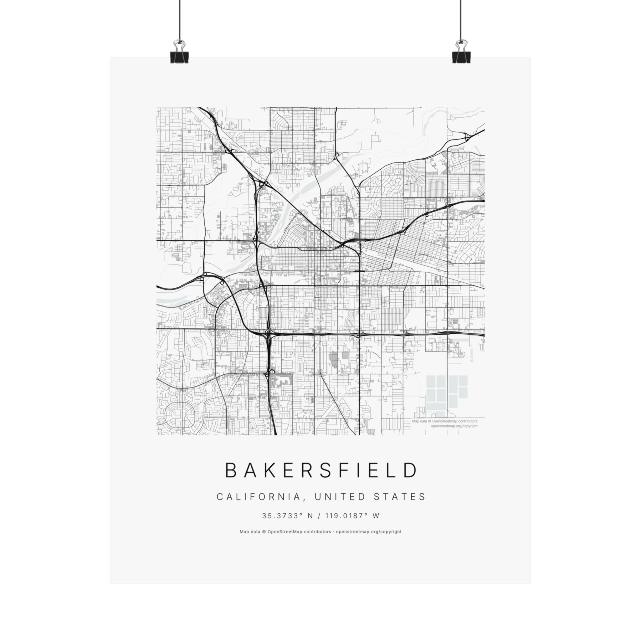 Bakersfield, California City Map Print — Minimalist Street Map Wall Art