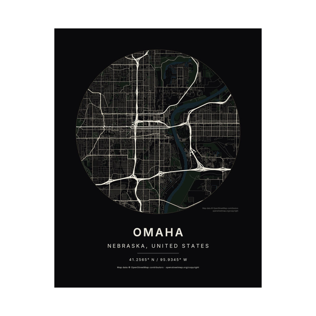 Omaha, Nebraska City Map Print — Noir Black Street Map Wall Art