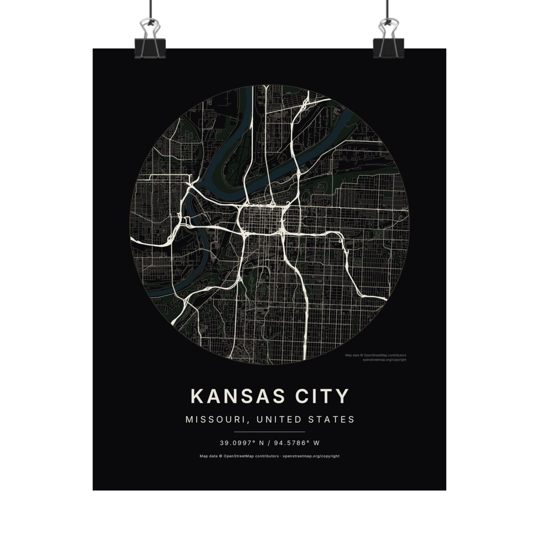 Kansas City, Missouri City Map Print — Noir Black Street Map Wall Art