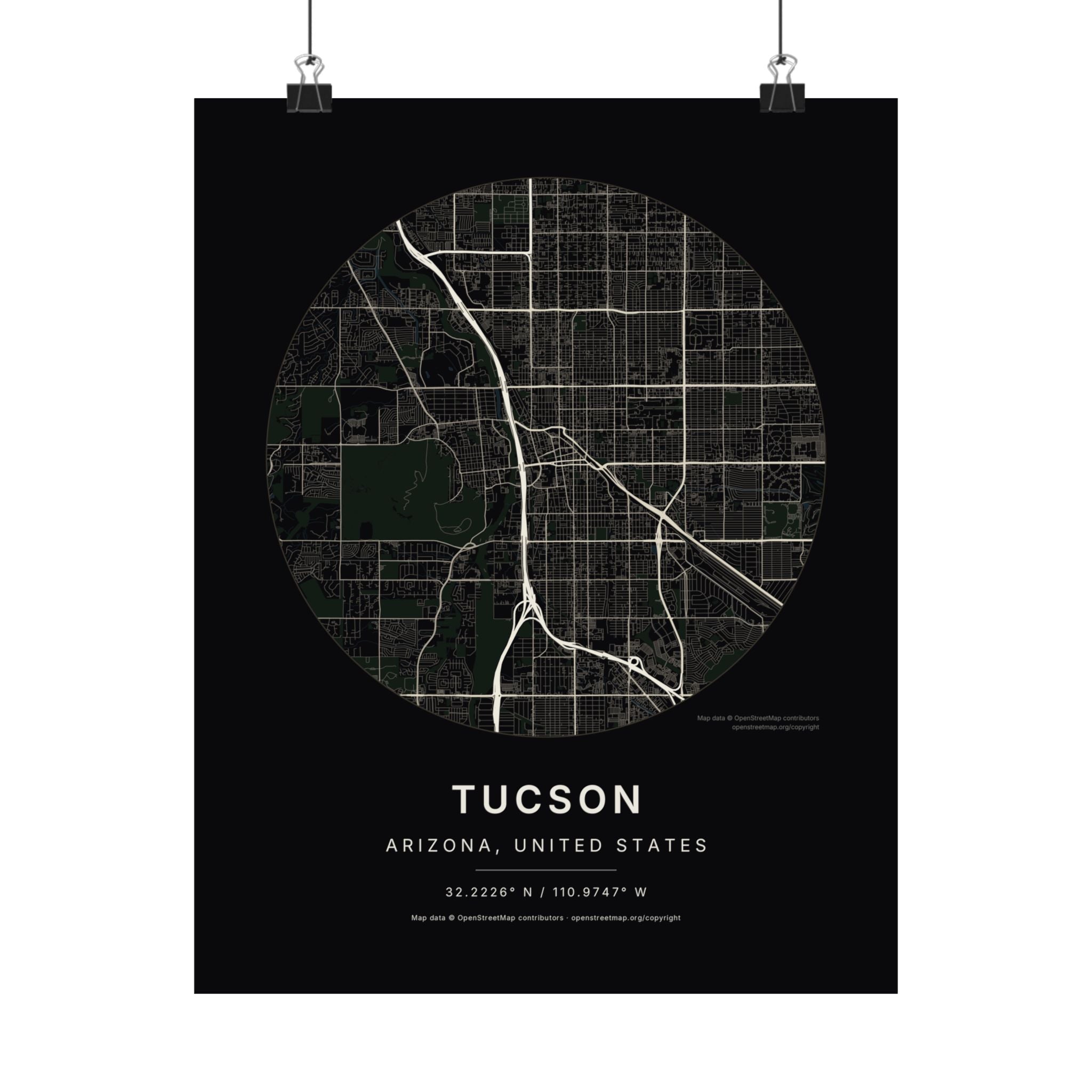 Tucson, Arizona City Map Print — Noir Black Street Map Wall Art