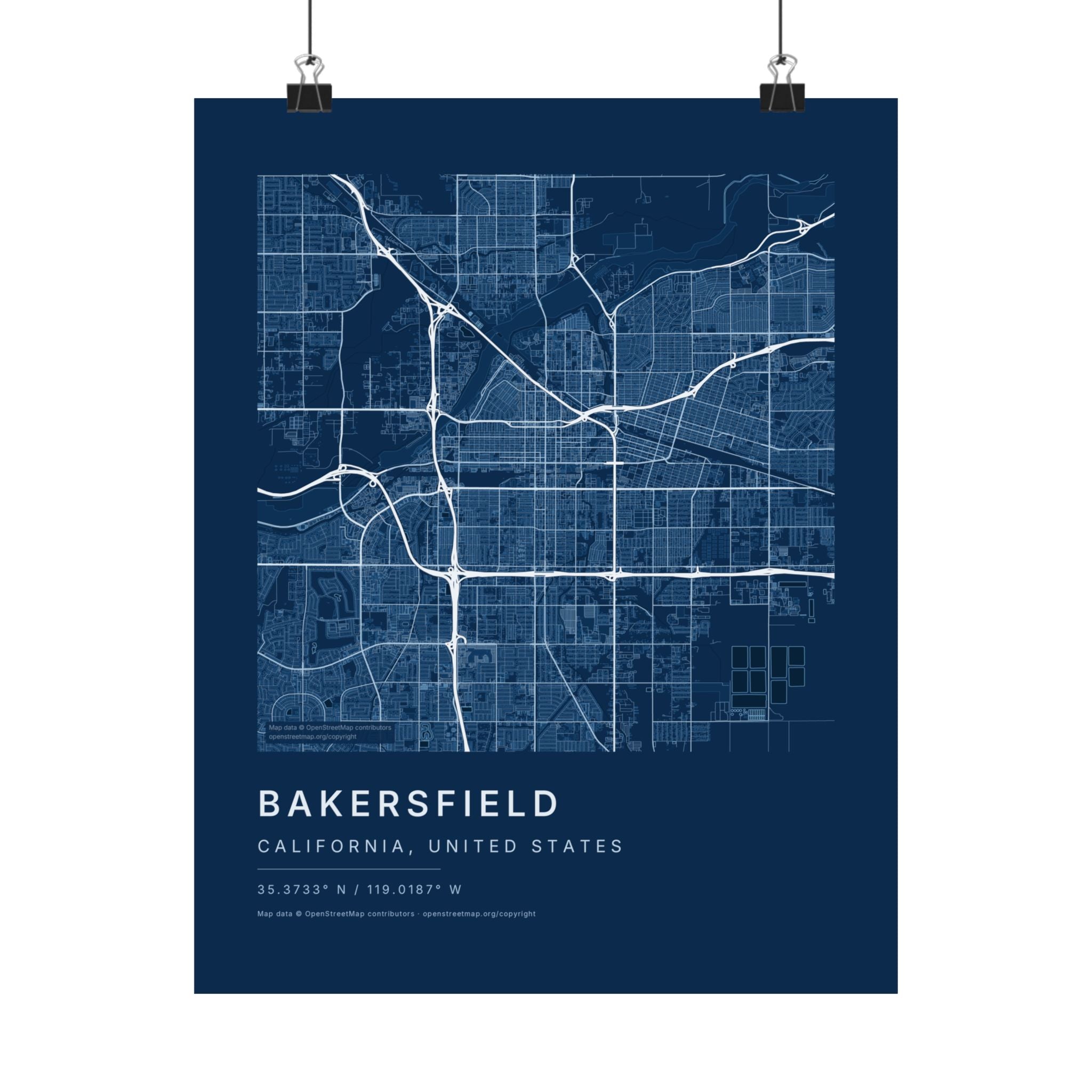 Bakersfield, California City Map Print — Blueprint Navy Street Map Wall Art