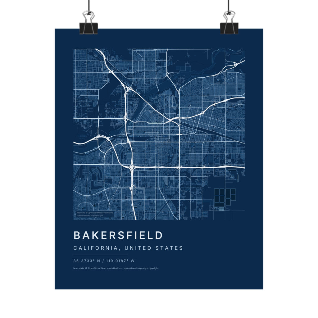 Bakersfield, California City Map Print — Blueprint Navy Street Map Wall Art