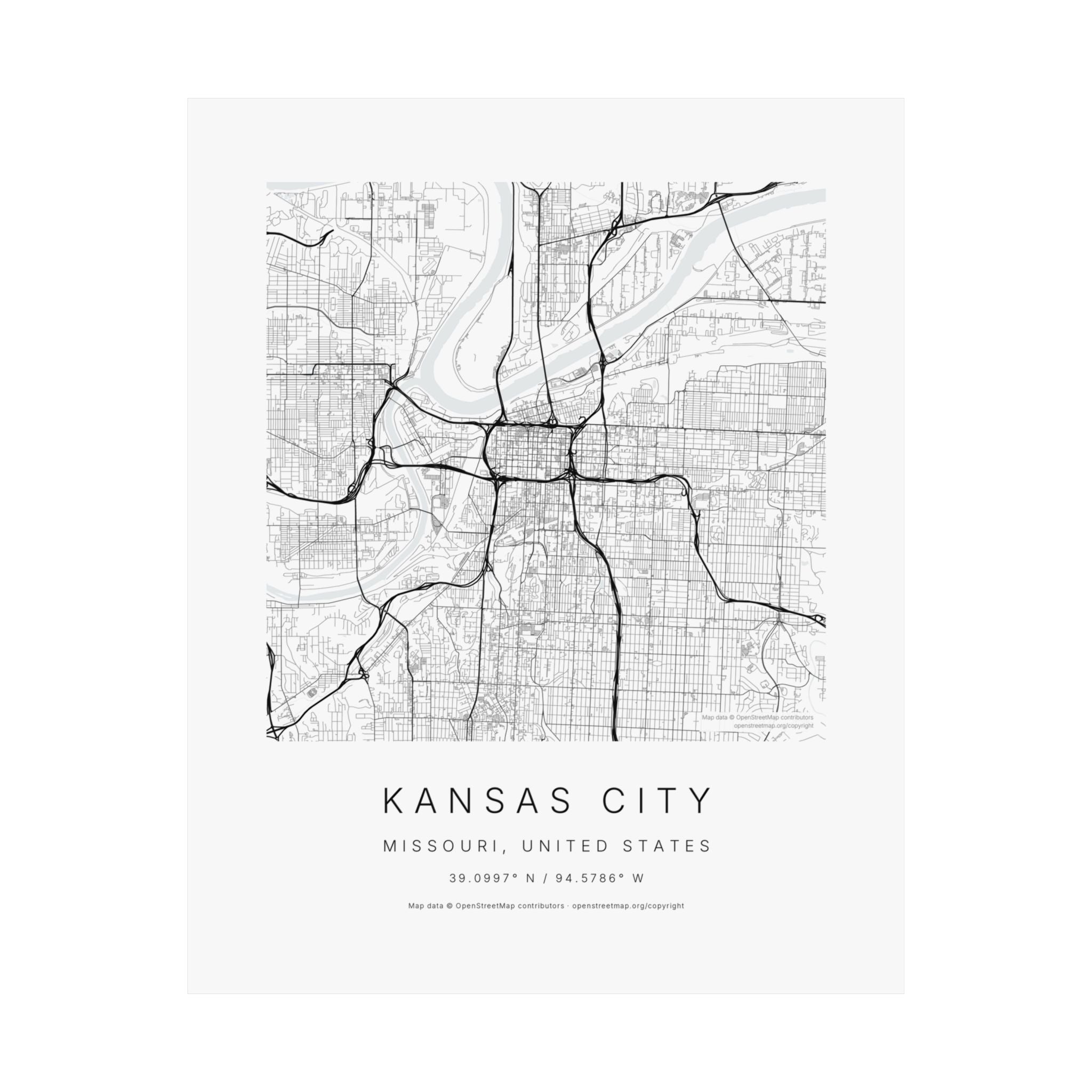 Kansas City, Missouri City Map Print — Minimalist Street Map Wall Art