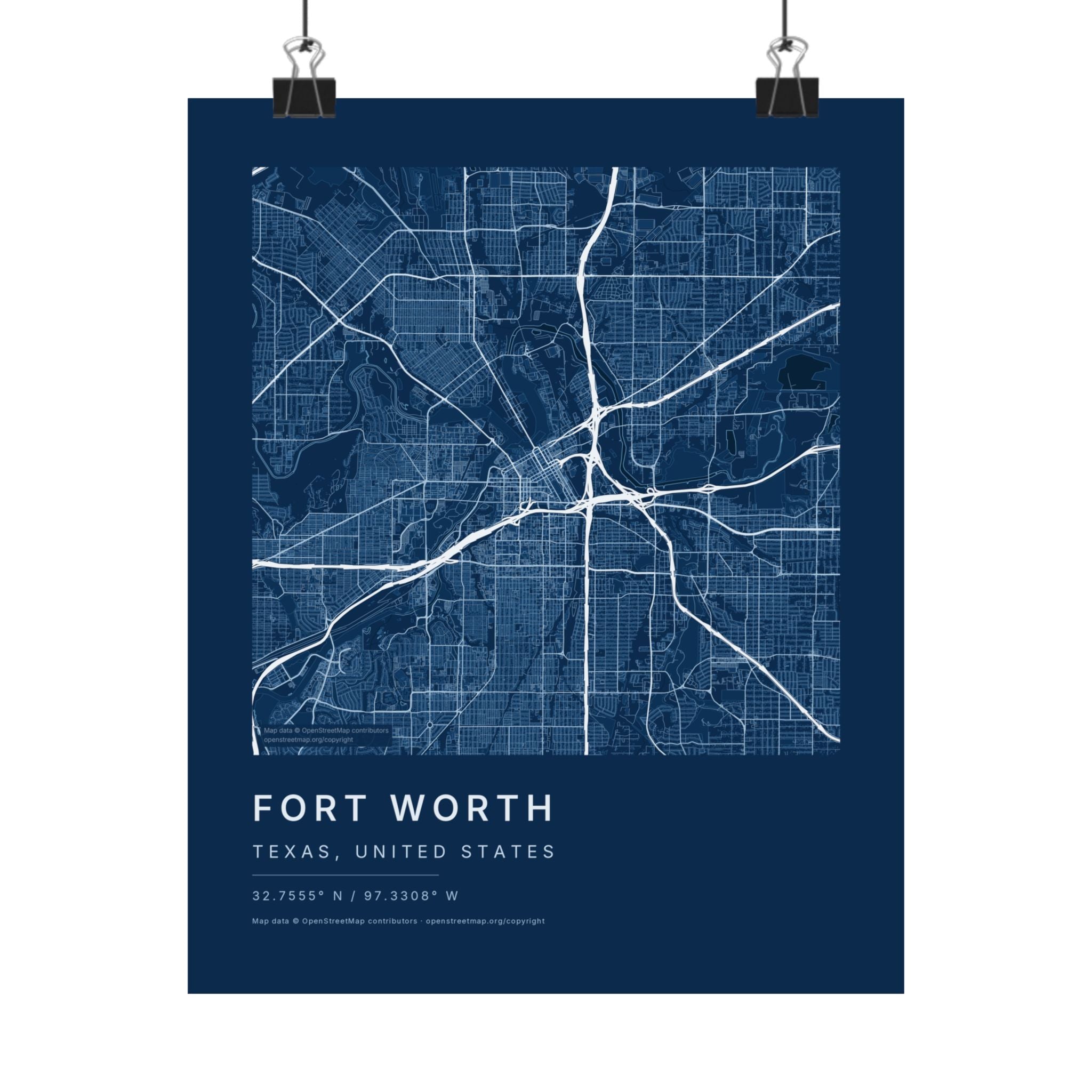 Fort Worth, Texas City Map Print — Blueprint Navy Street Map Wall Art