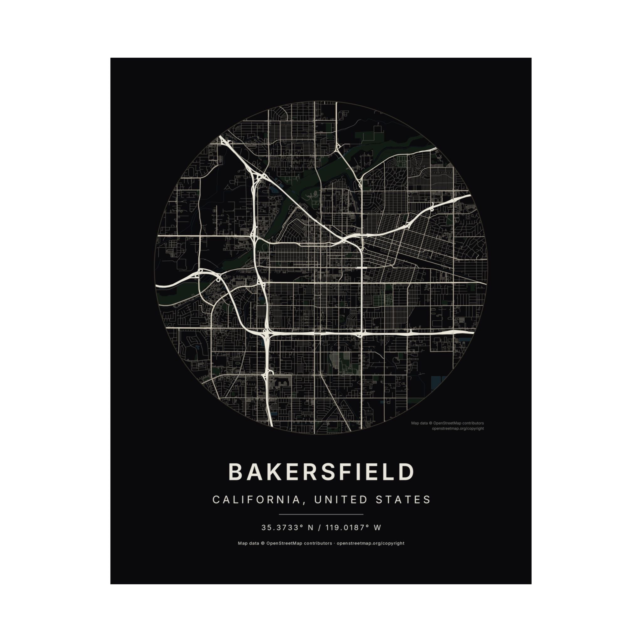 Bakersfield, California City Map Print — Noir Black Street Map Wall Art