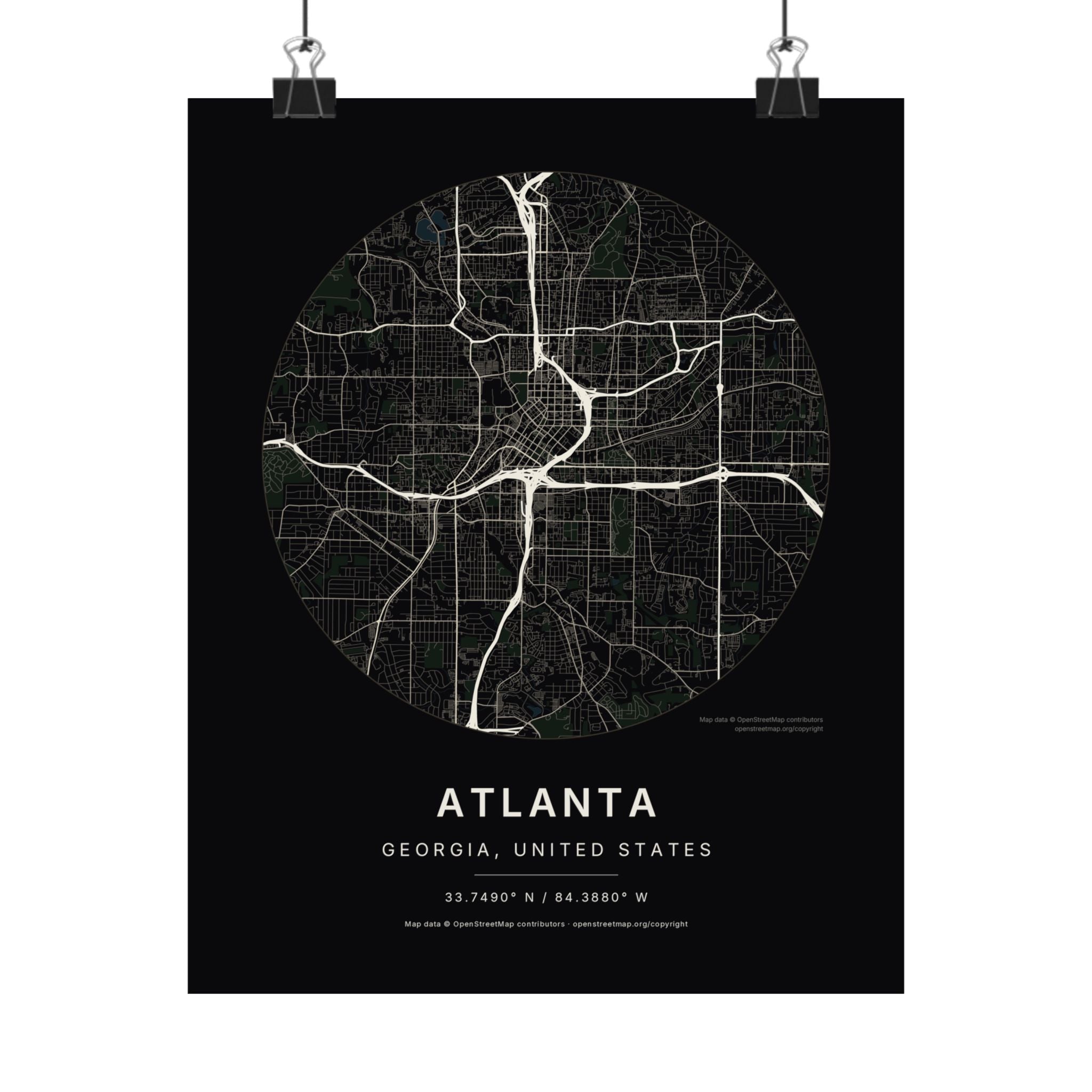 Atlanta, Georgia City Map Print — Noir Black Street Map Wall Art