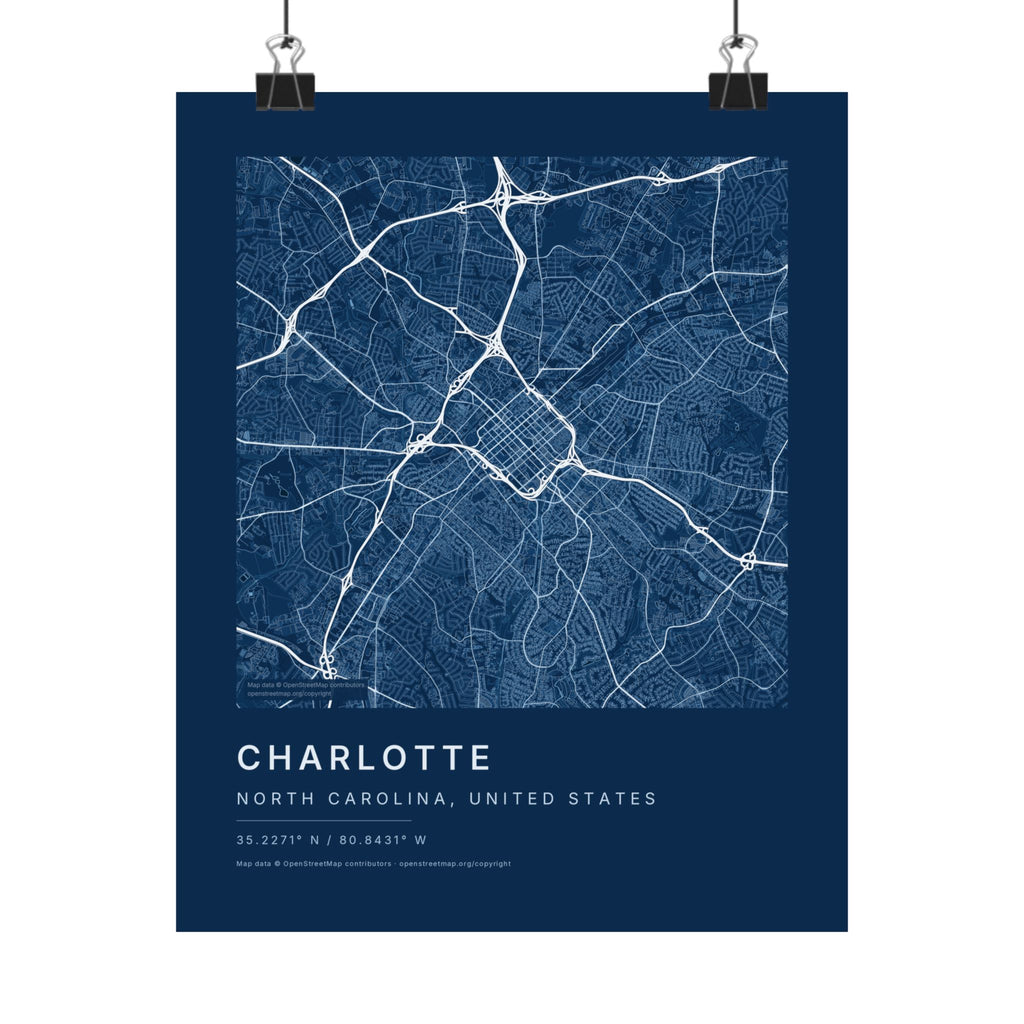 Charlotte, North Carolina City Map Print — Blueprint Navy Street Map Wall Art