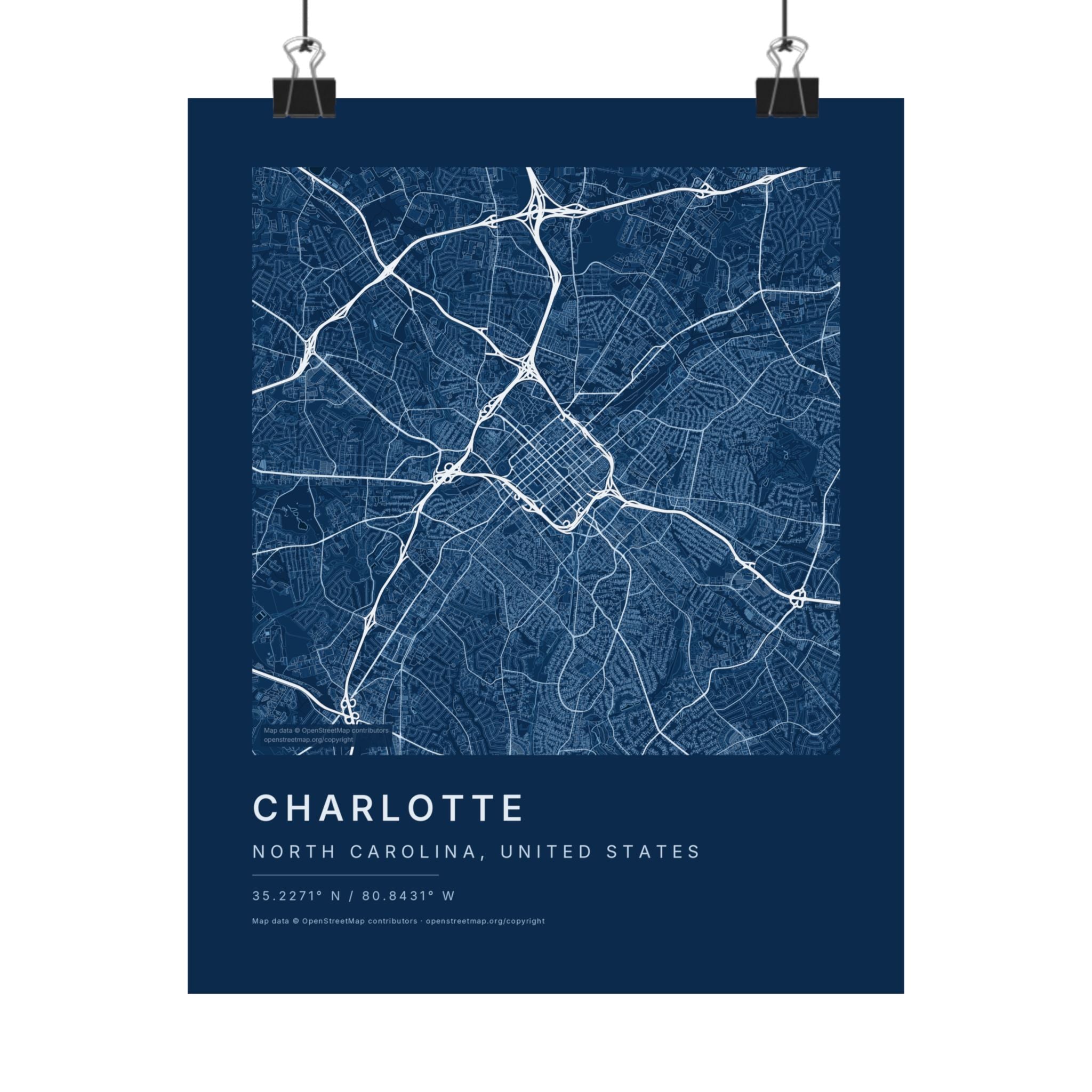 Charlotte, North Carolina City Map Print — Blueprint Navy Street Map Wall Art